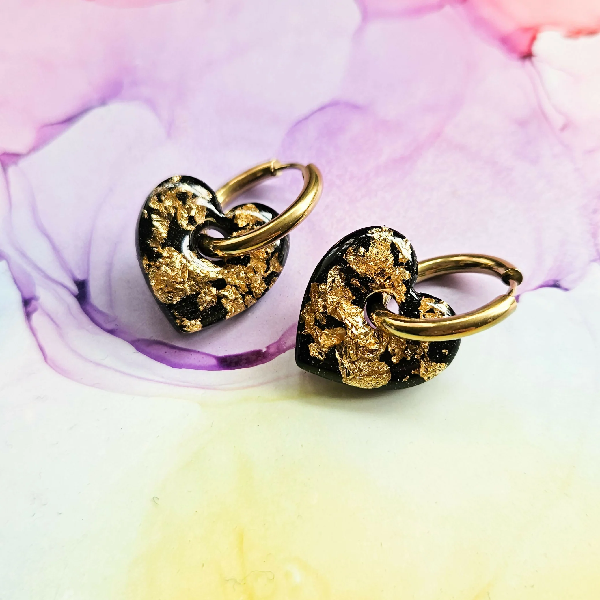 Handmade Black And Encased Golden Leaf Heart Resin Charms On Chunky Hoops - Image 2