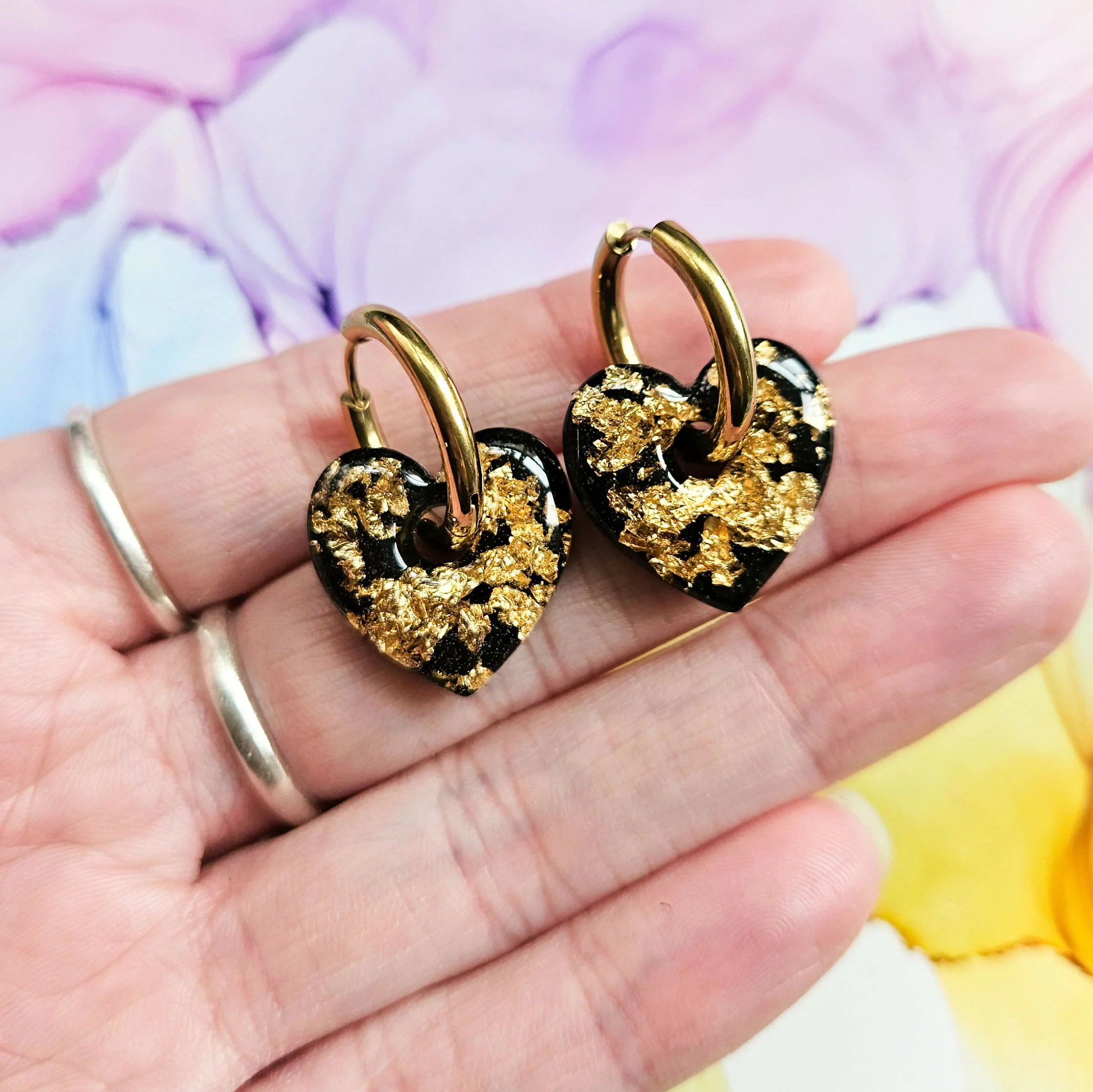 Handmade Black And Encased Golden Leaf Heart Resin Charms On Chunky Hoops - Image 3