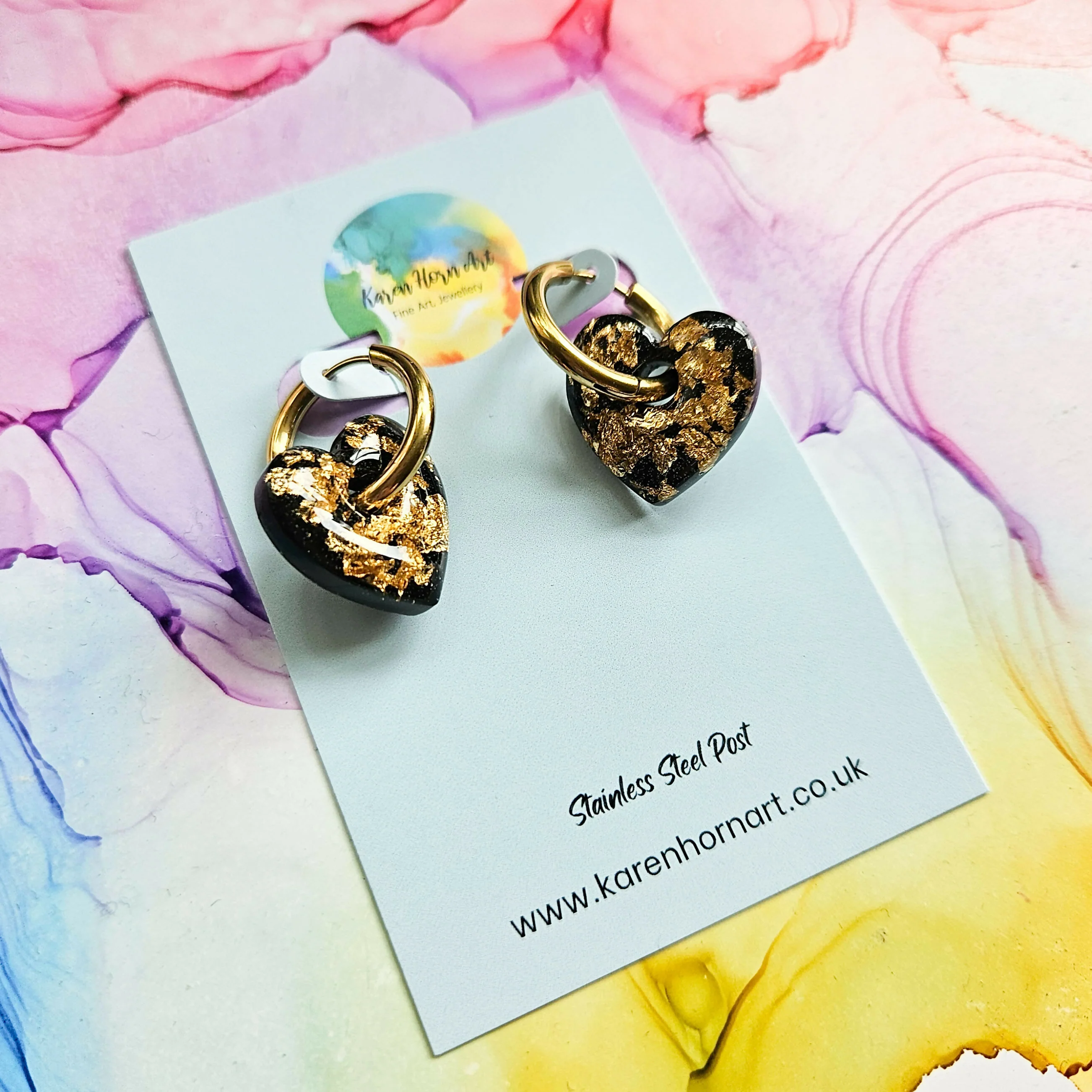 Handmade Black And Encased Golden Leaf Heart Resin Charms On Chunky Hoops - Image 4