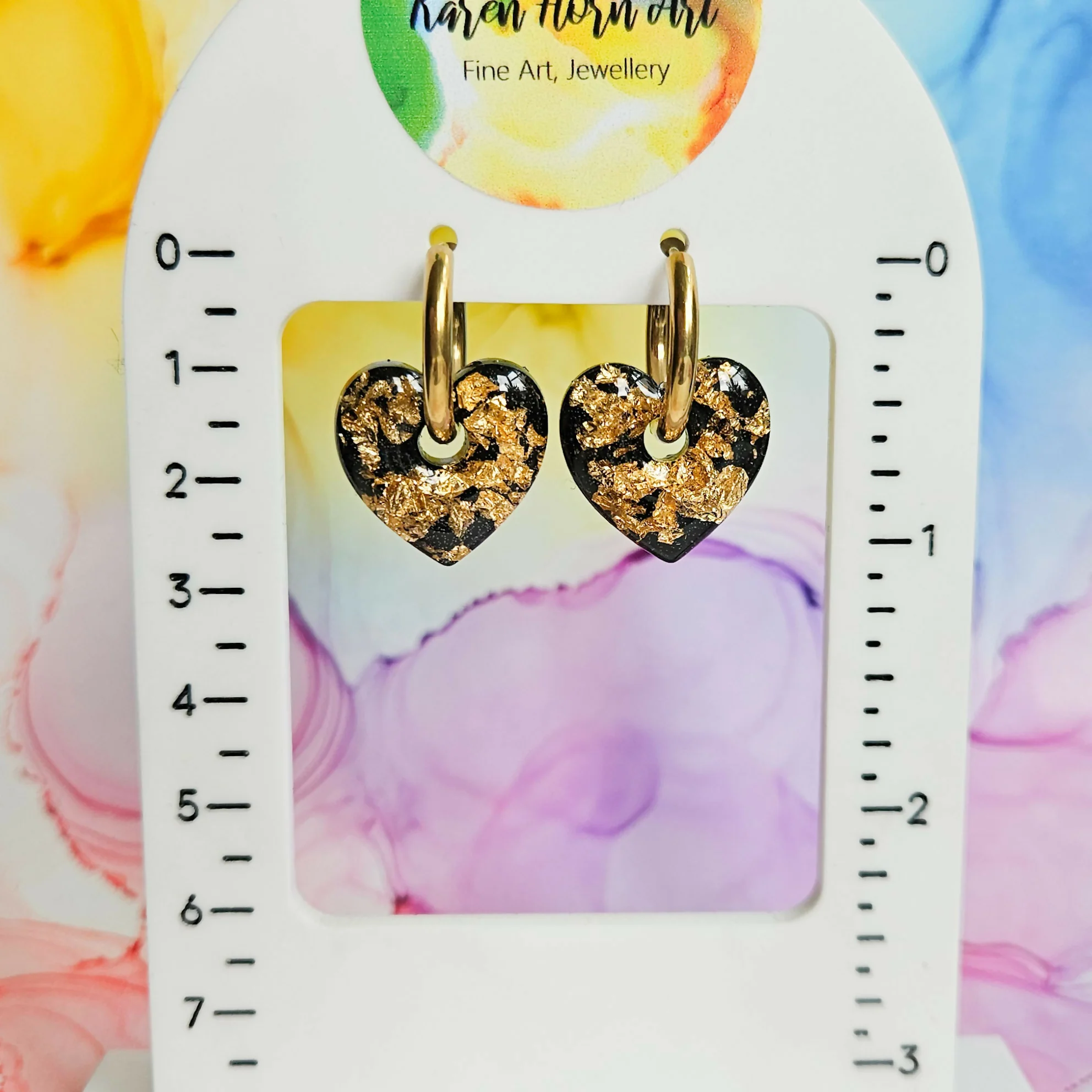 Handmade Black And Encased Golden Leaf Heart Resin Charms On Chunky Hoops - Image 5