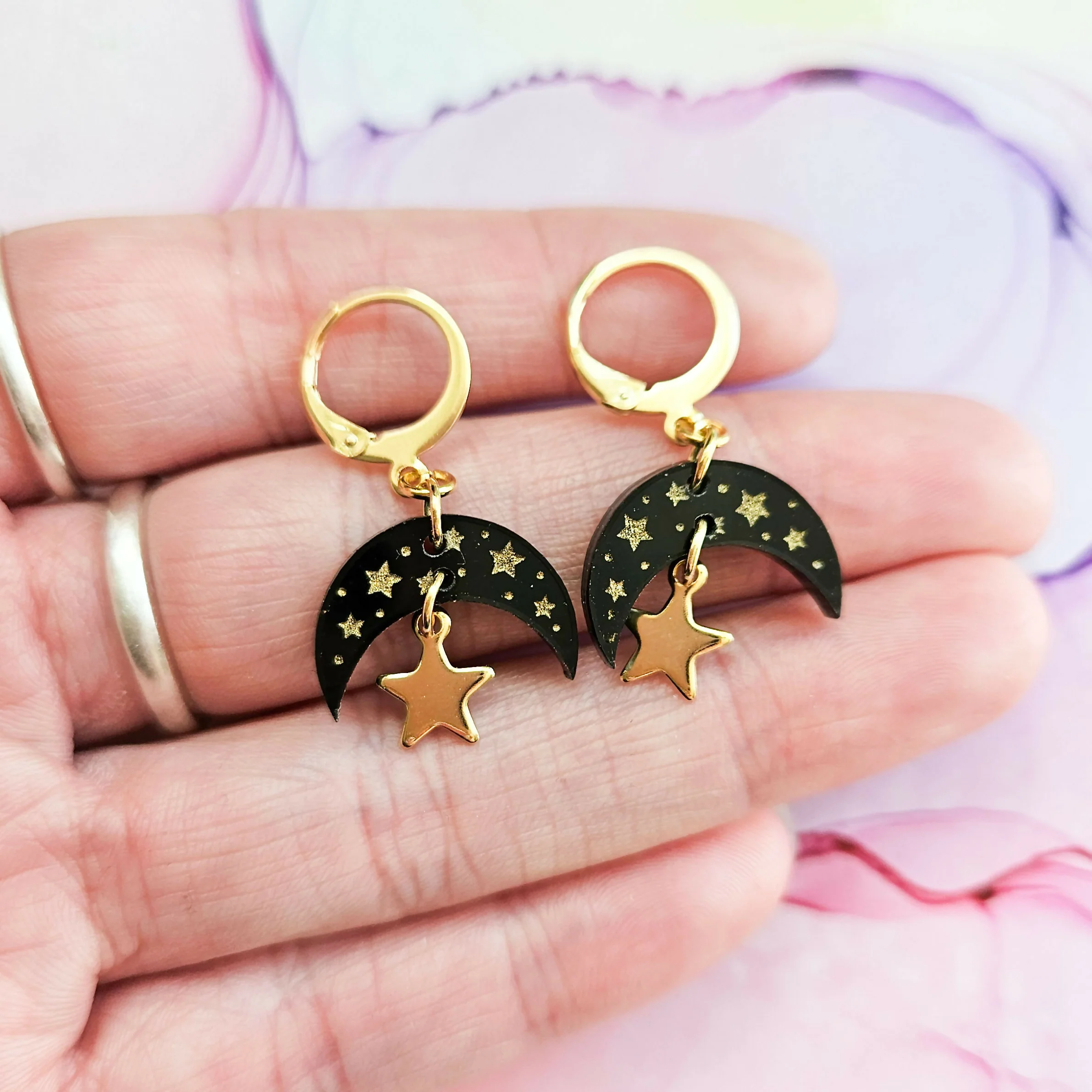Handmade Black And Gold Half Moon Resin Charm On Huggie Hoops - Image 2