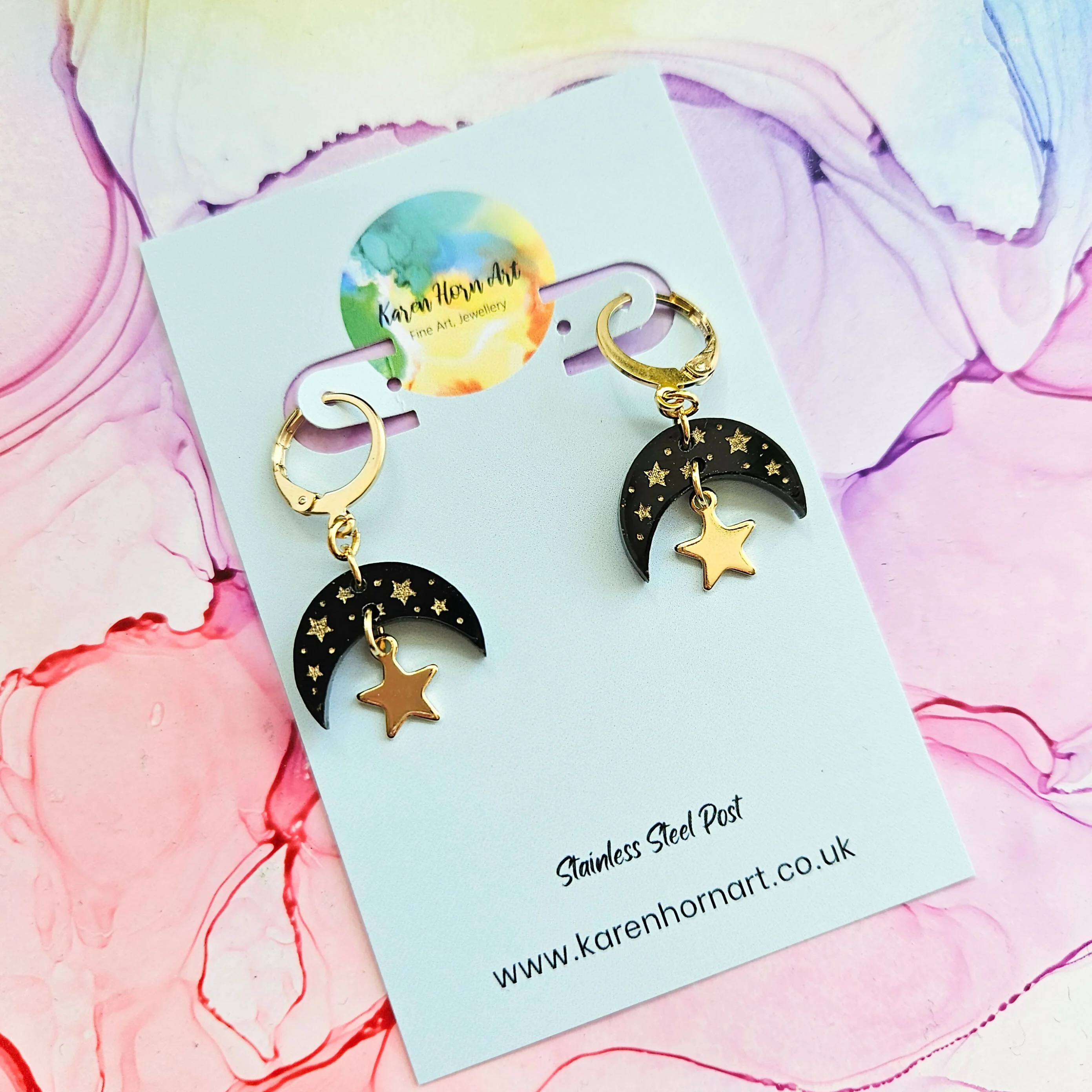 Handmade Black And Gold Half Moon Resin Charm On Huggie Hoops - Image 4