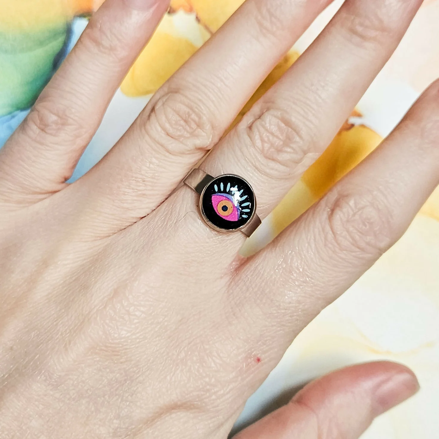 Handmade Black And Pink Eye Resin And Stainless Steel Adjustable Ring - Image 2