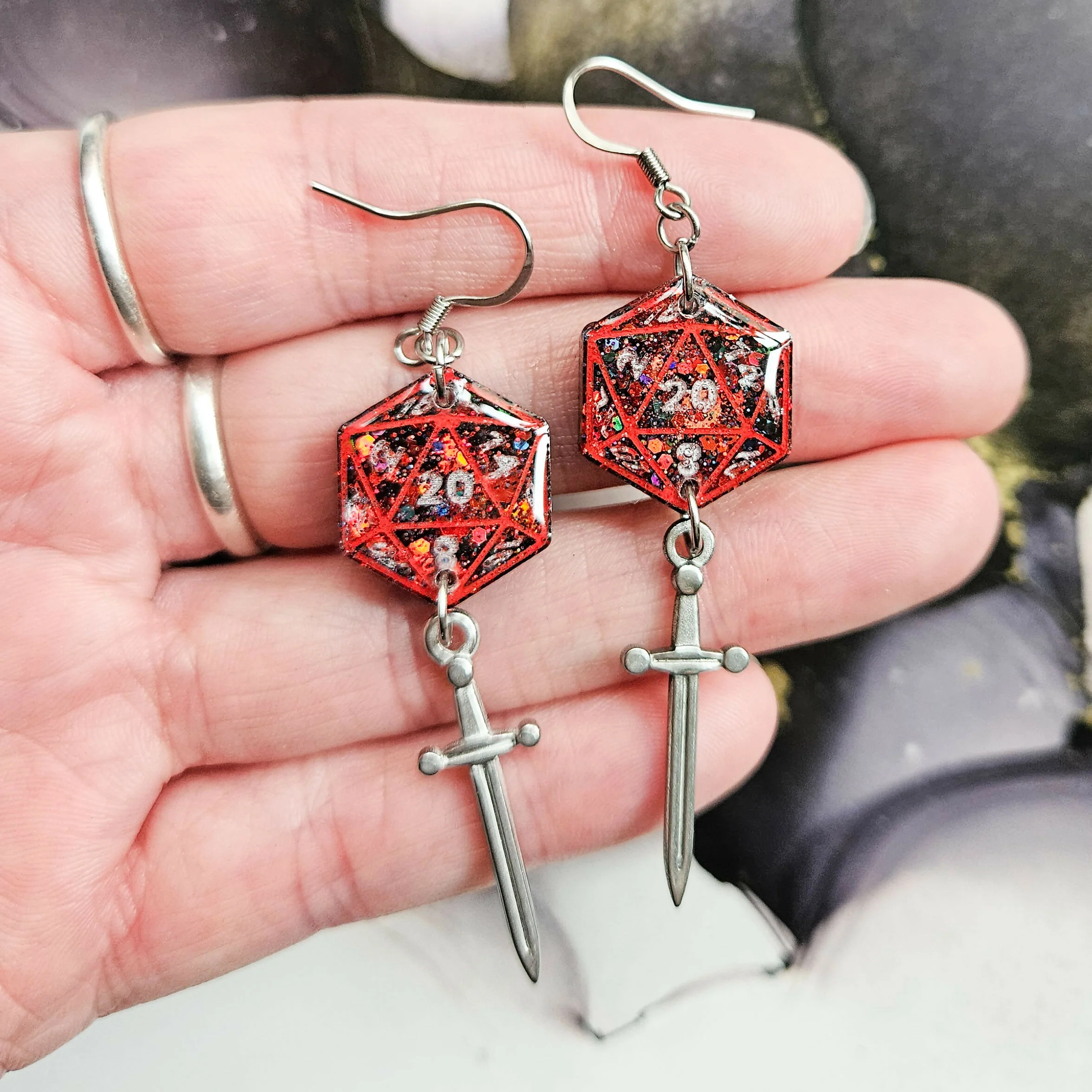 Handmade Black And Red D20 Dice Resin Earrings With Dagger Charms - Image 2