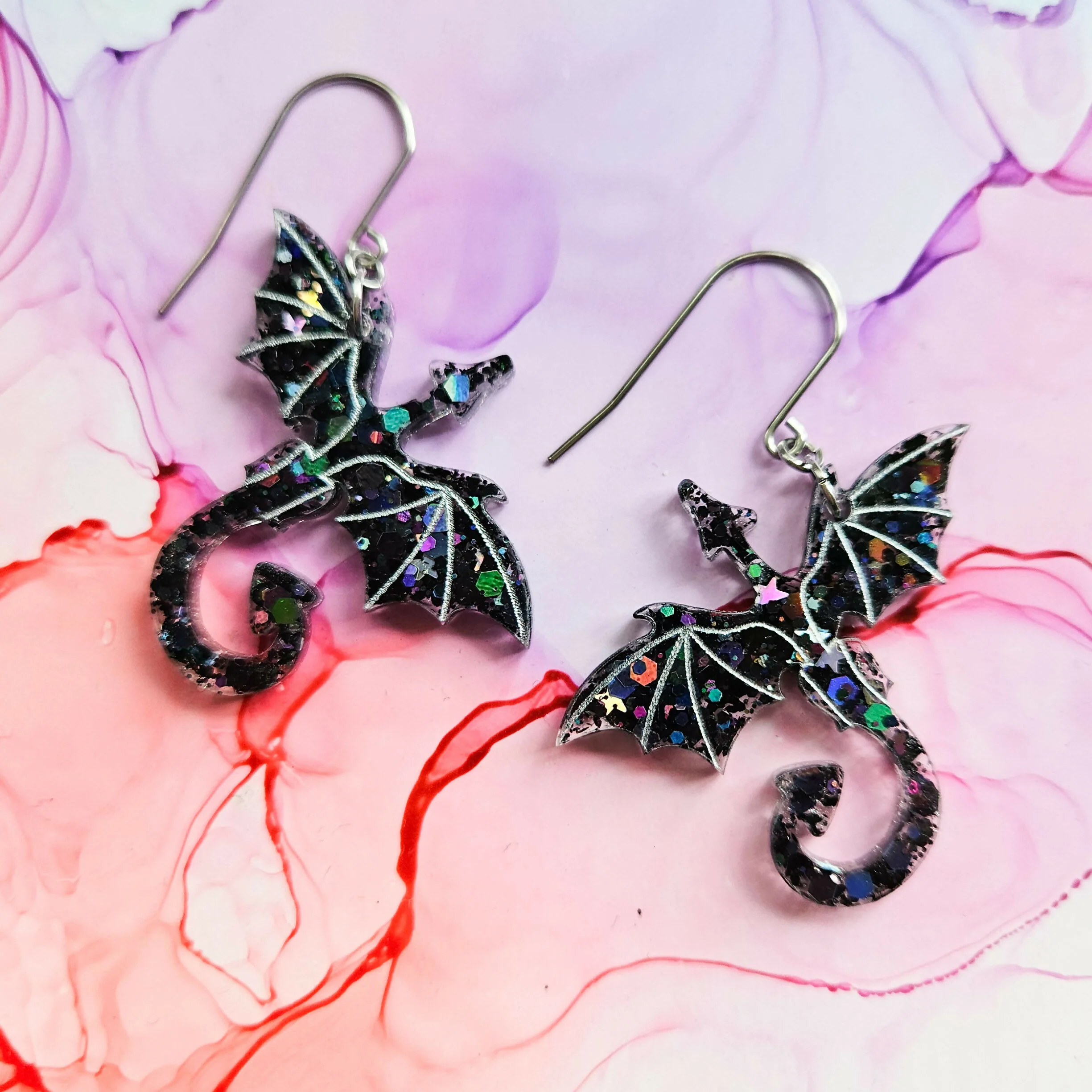Handmade Black And Silver Dragon Resin Earrings