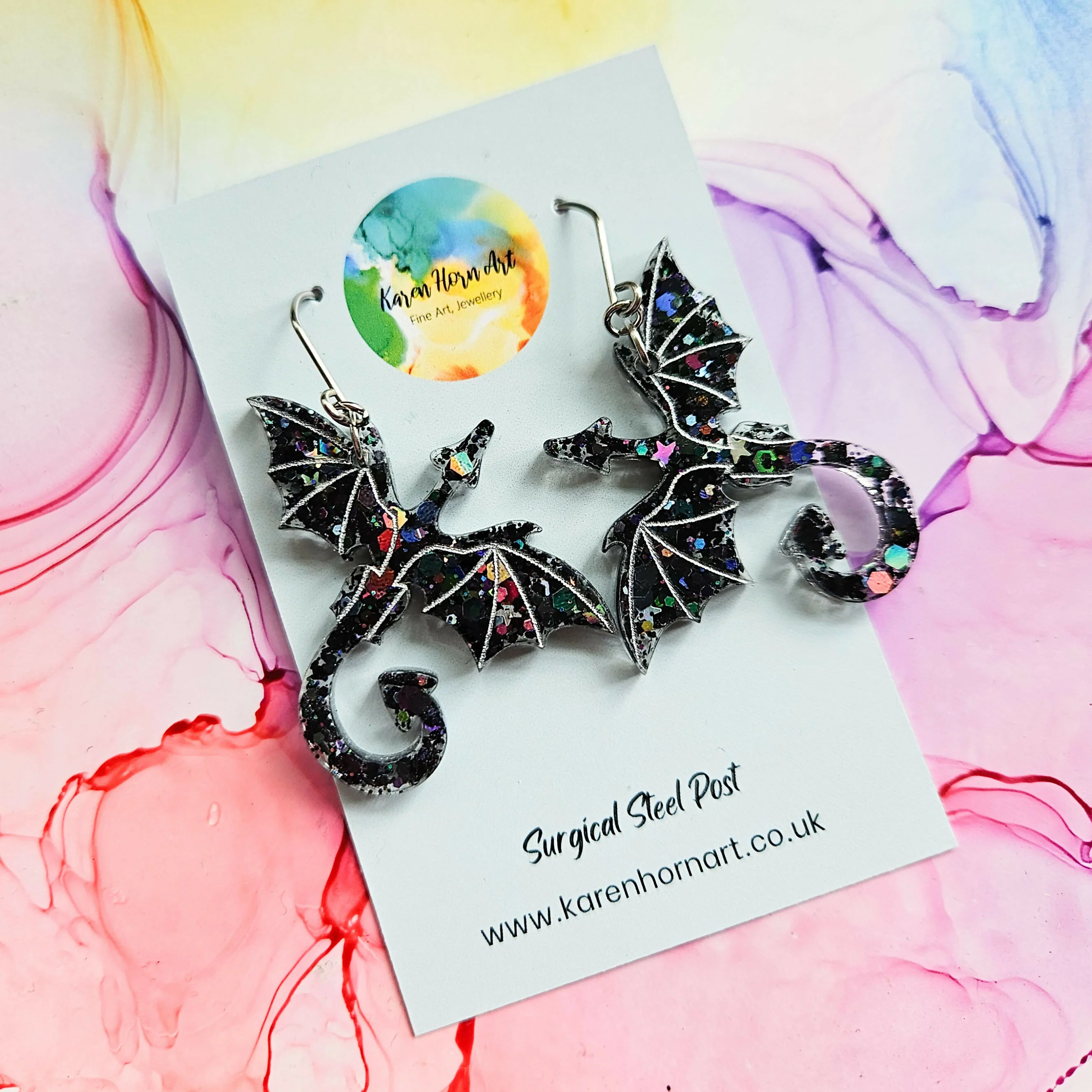 Handmade Black And Silver Dragon Resin Earrings - Image 2