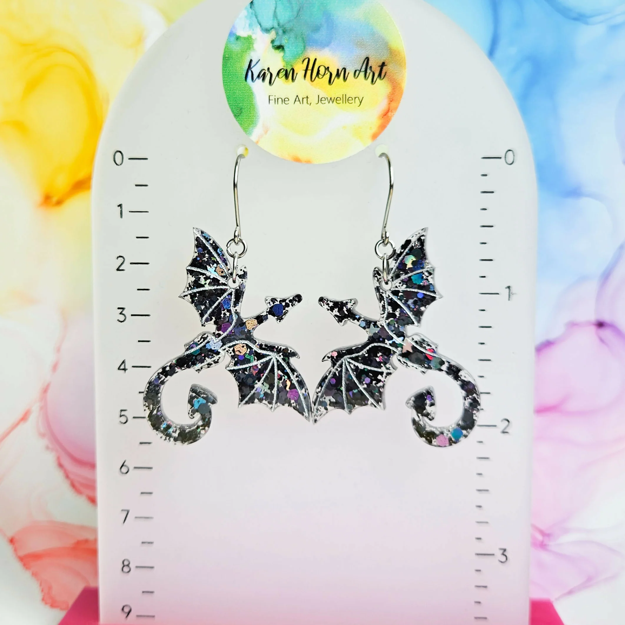 Handmade Black And Silver Dragon Resin Earrings - Image 3