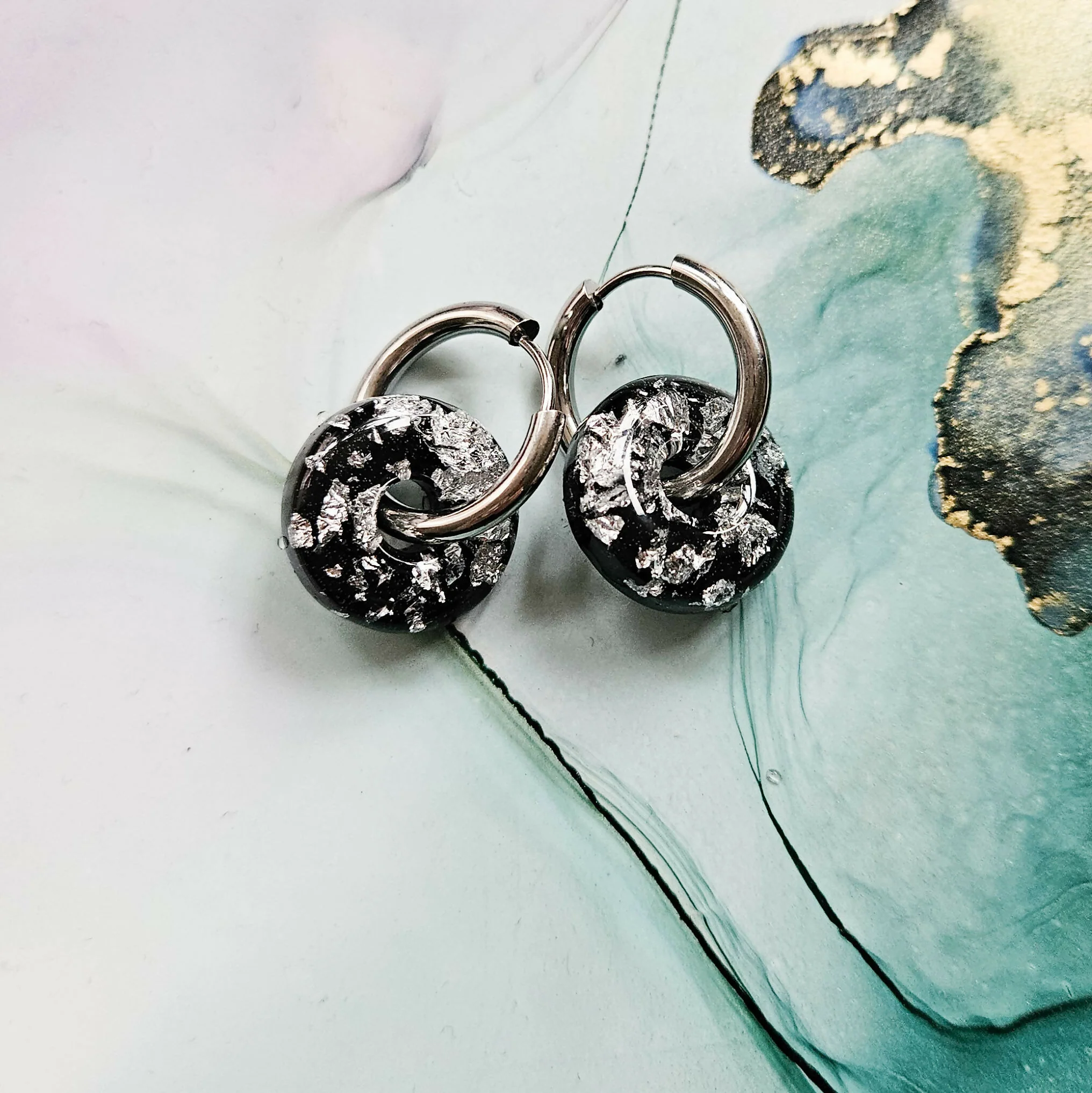 Handmade Black And Silver Medium Resin Circle Charm On Chunky Hoops