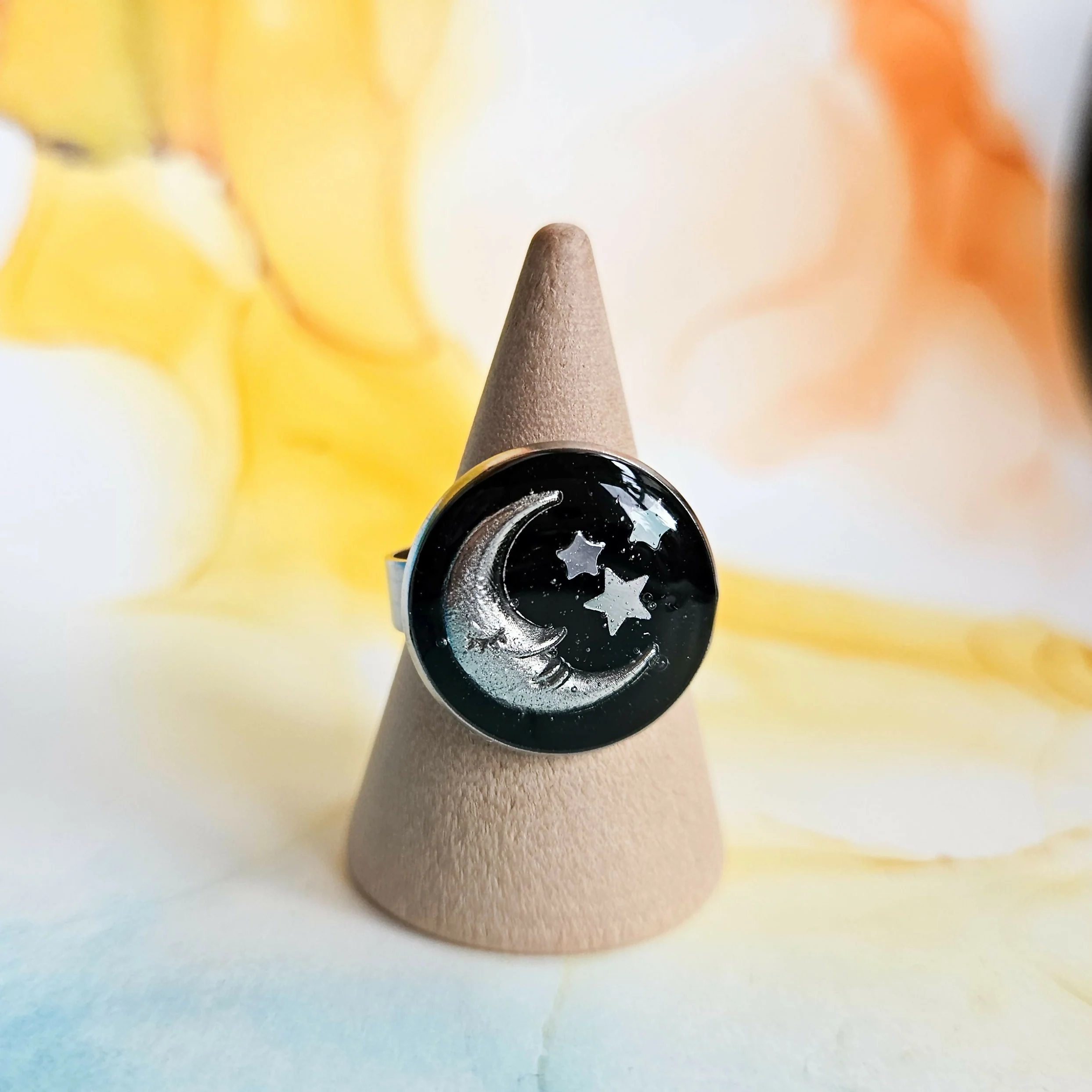 Handmade Black And Silver Moon And Star Resin And Stainless Steel Ring