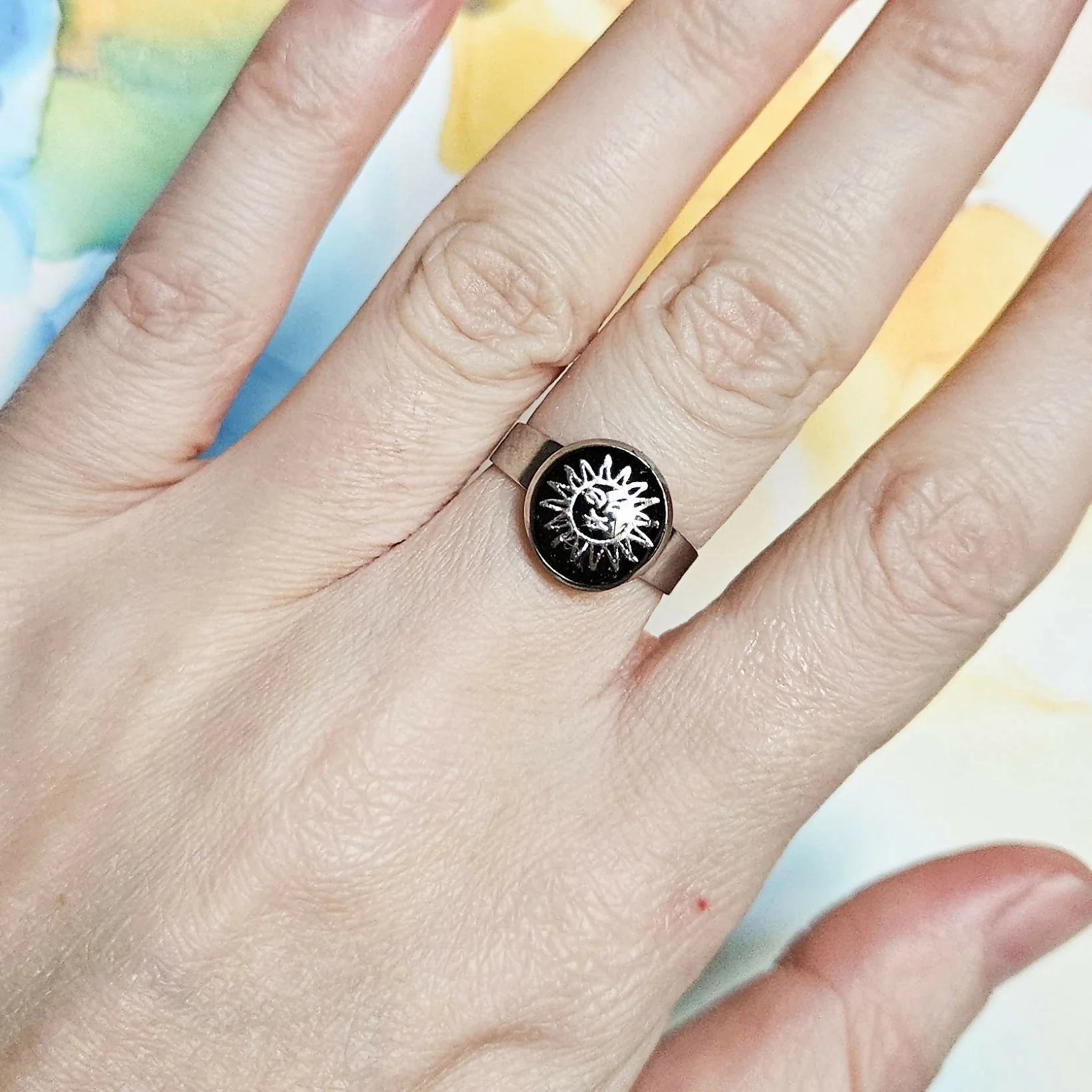 Handmade Black And Silver Sun Resin And Stainless Steel Adjustable Ring - Image 2