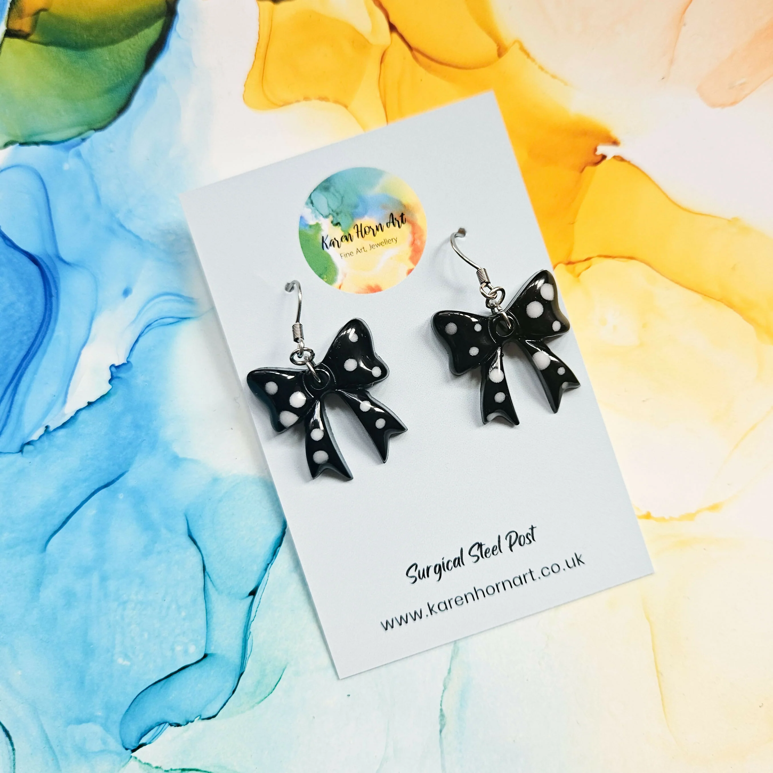 Handmade Black And White Dots Bow Resin Earrings