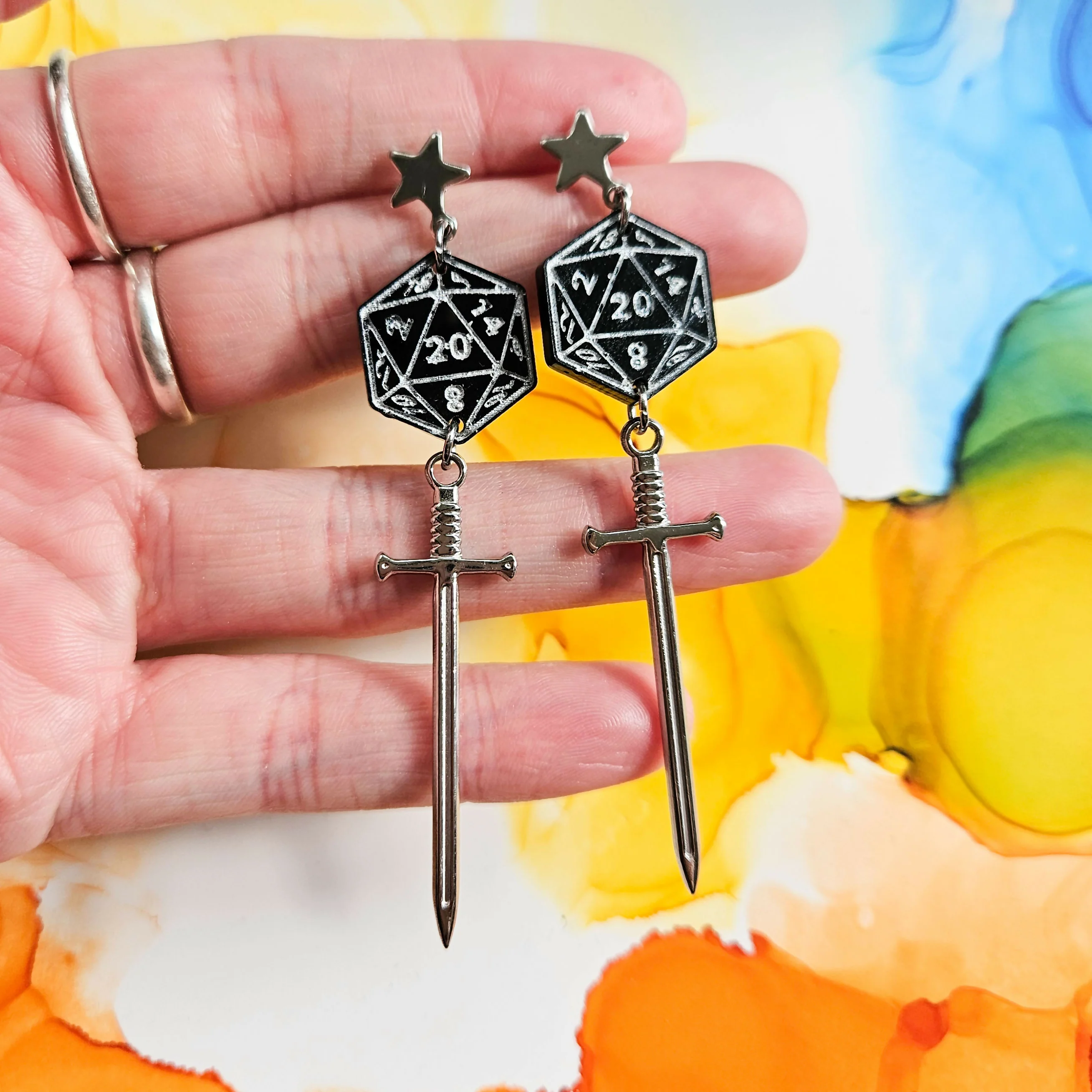 Handmade Black D20 Resin Dice and Stainless Steel Sword Earrings - Image 2