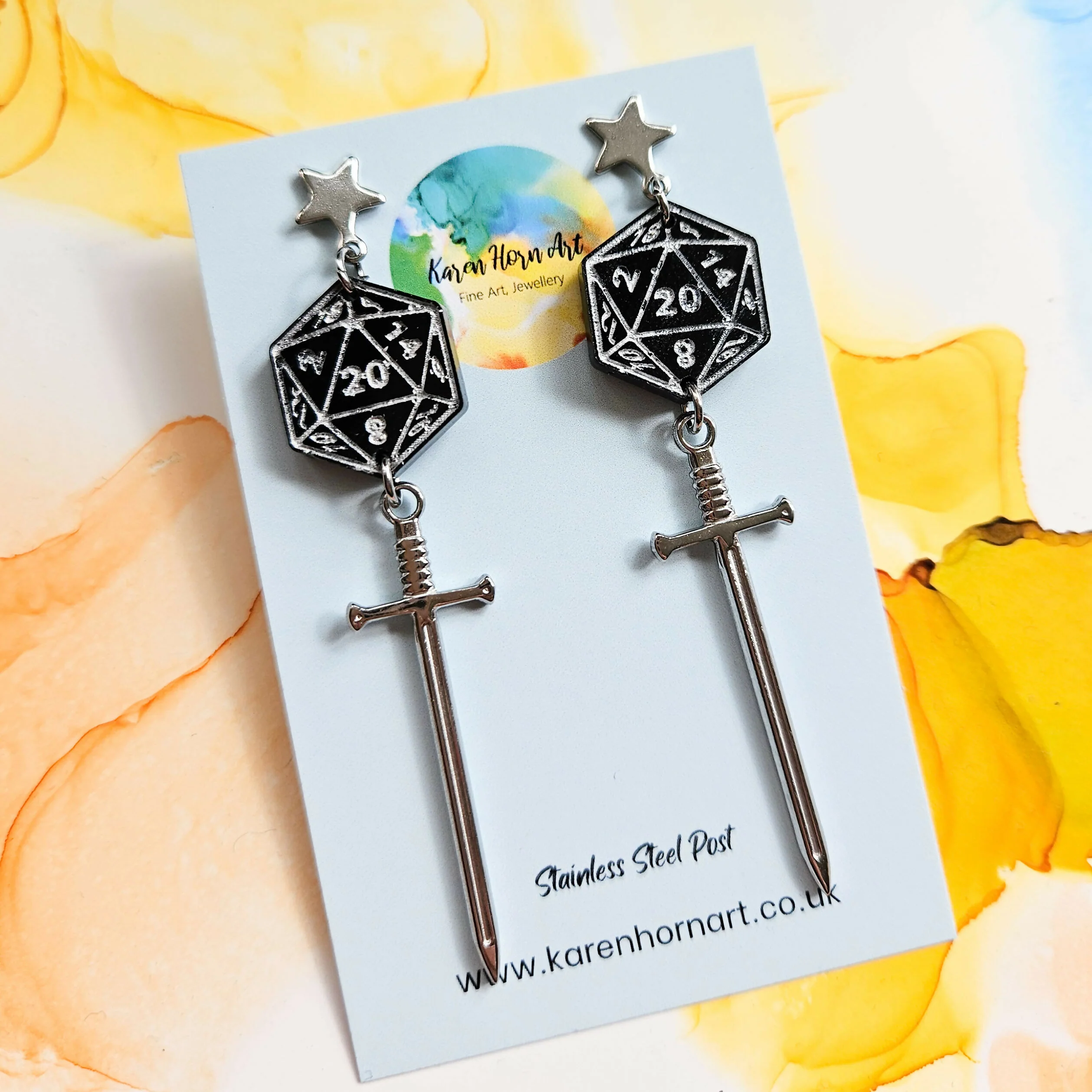 Handmade Black D20 Resin Dice and Stainless Steel Sword Earrings - Image 3