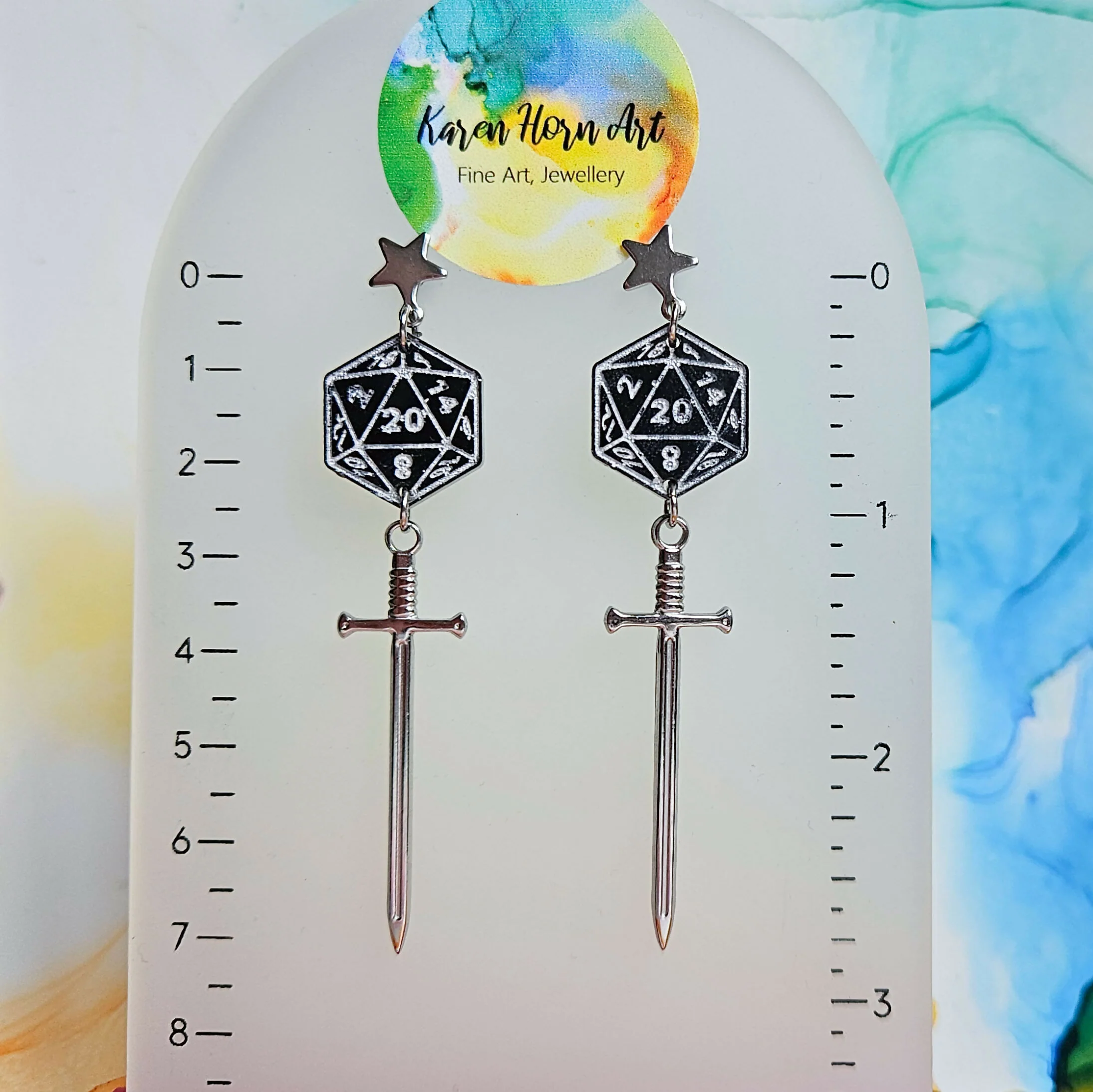 Handmade Black D20 Resin Dice and Stainless Steel Sword Earrings - Image 4