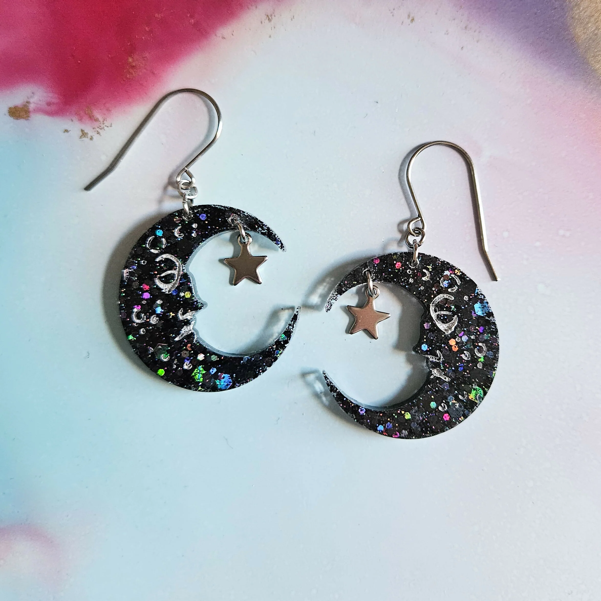 Handmade Black Glitter Moon Dangle Earrings