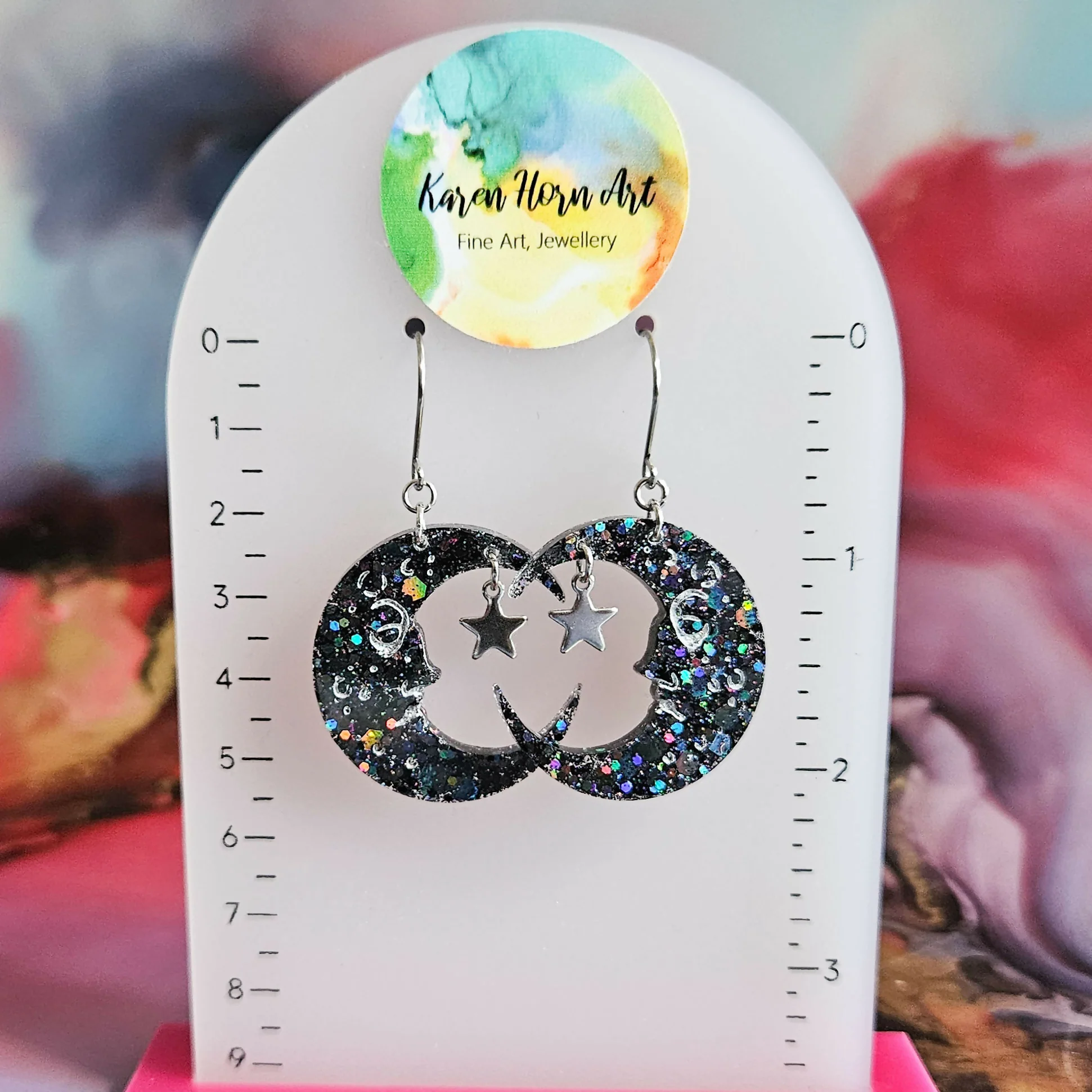 Handmade Black Glitter Moon Dangle Earrings - Image 2