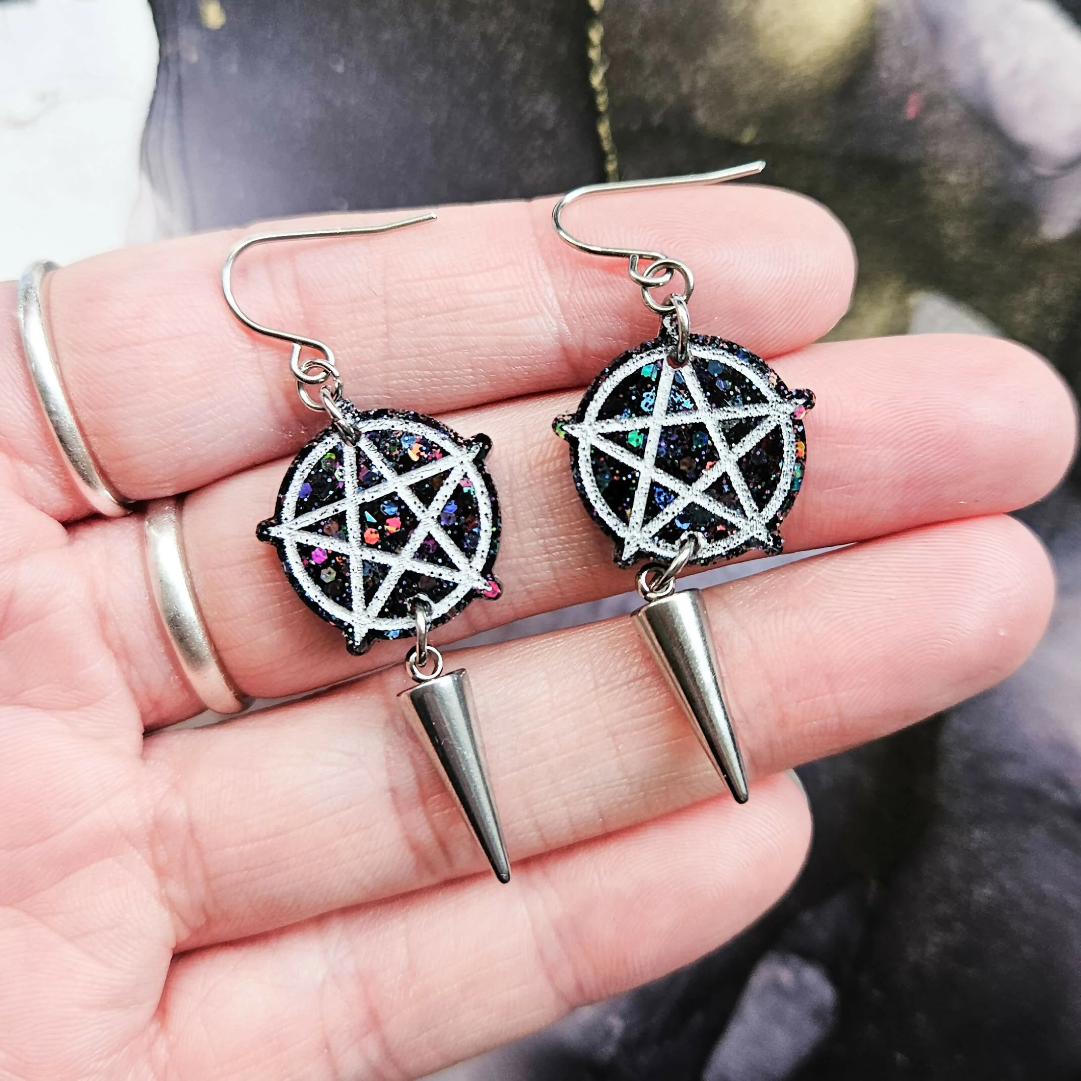 Handmade Black Glitter Pentacle Resin Earrings - Image 2