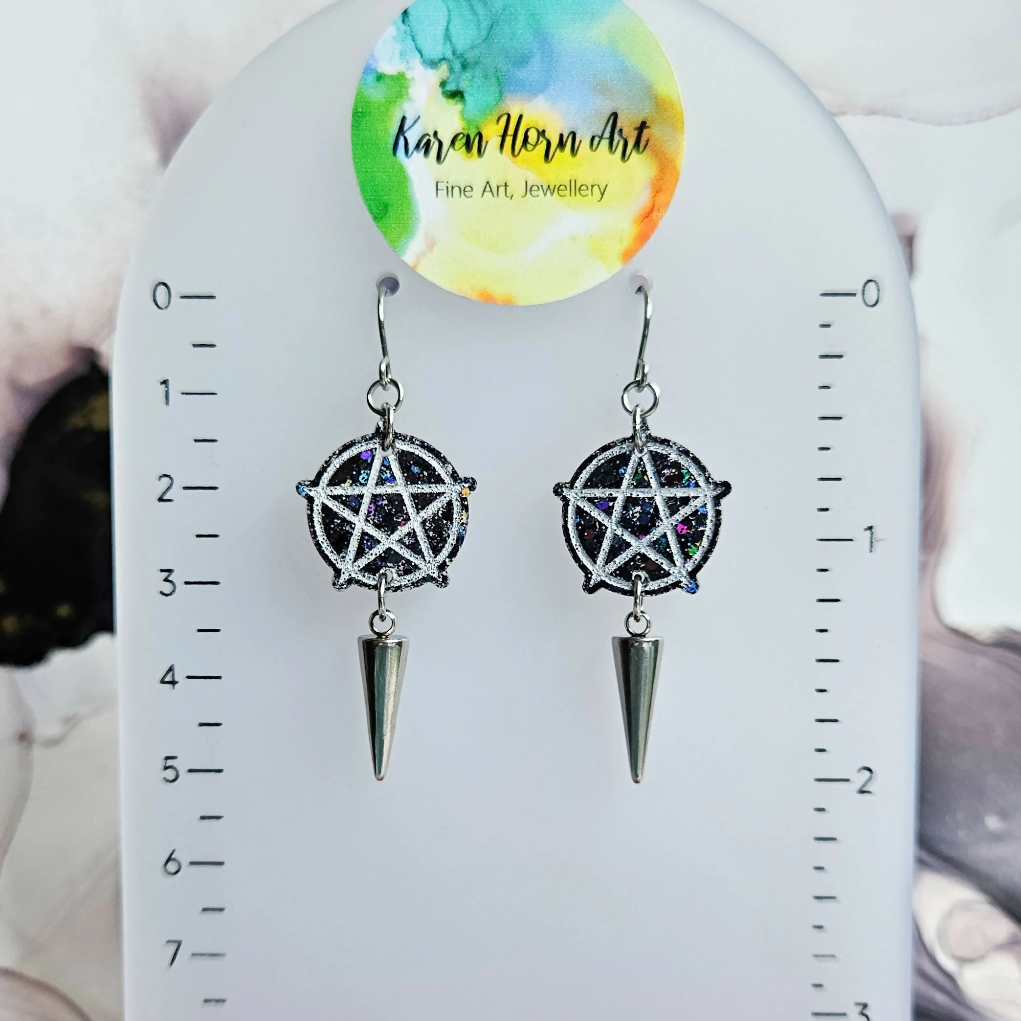 Handmade Black Glitter Pentacle Resin Earrings - Image 3