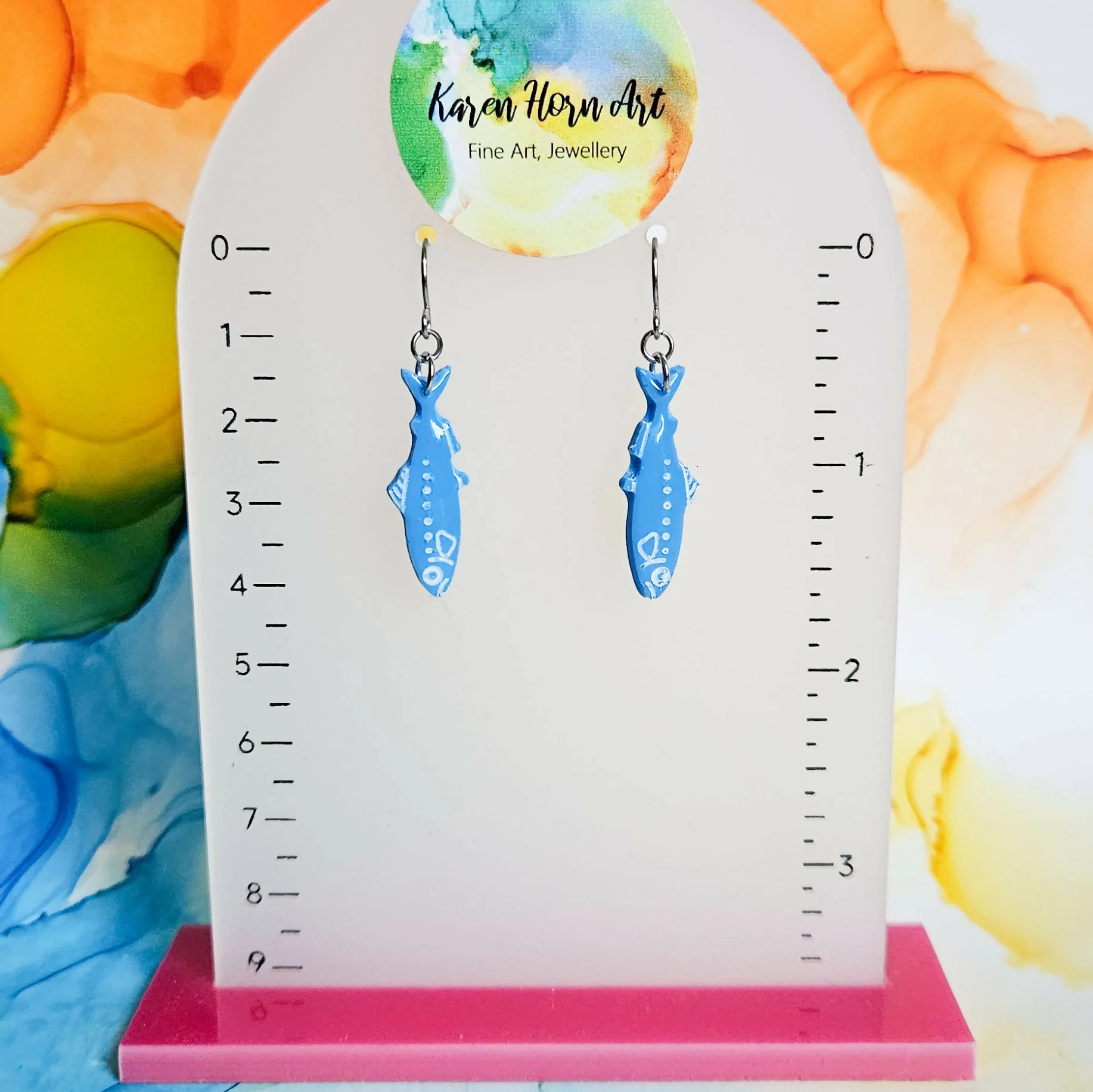 Handmade Blue Fish Resin Drop Earrings - Image 2
