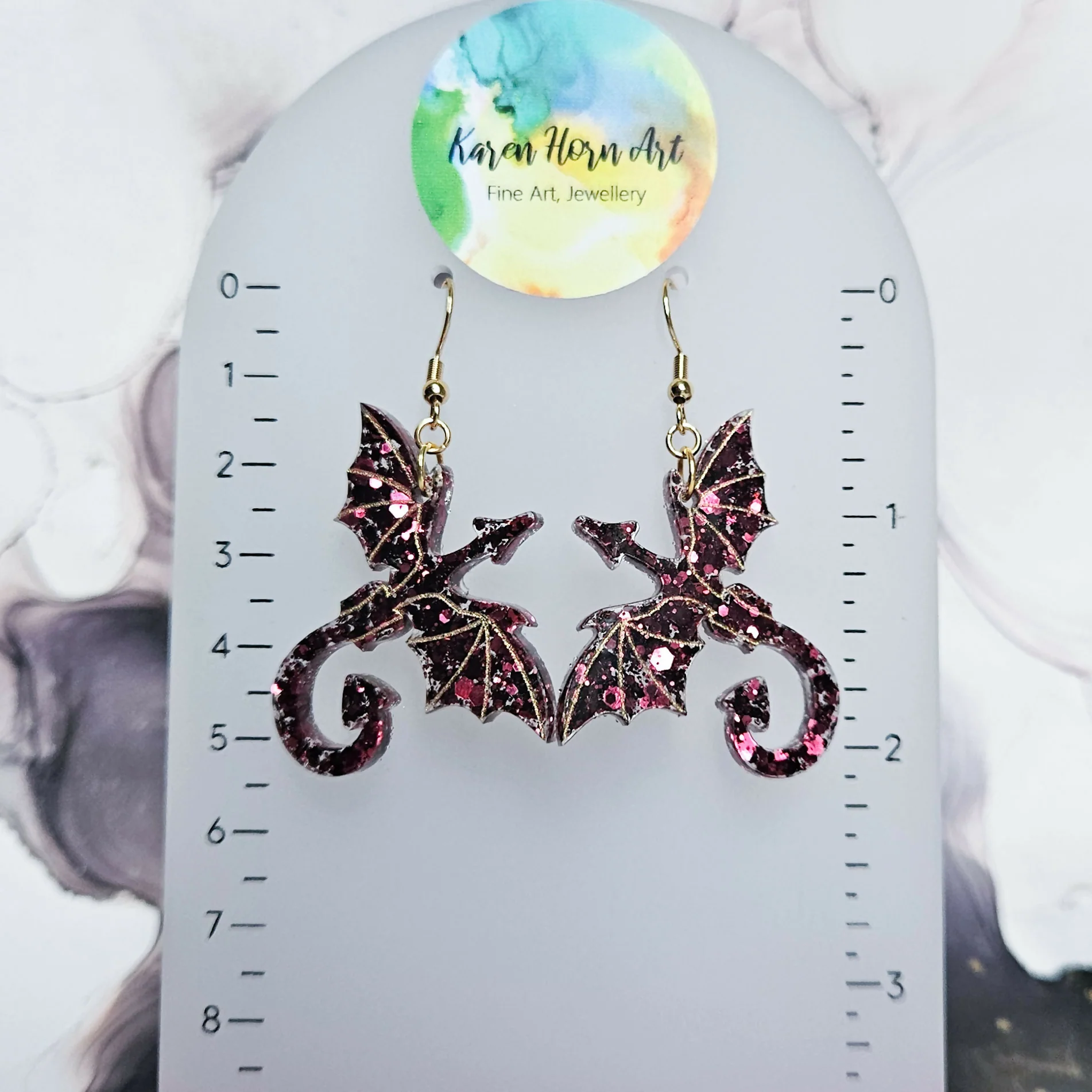 Handmade Burgundy Glitter And Gold Dragon Earrings - Image 2