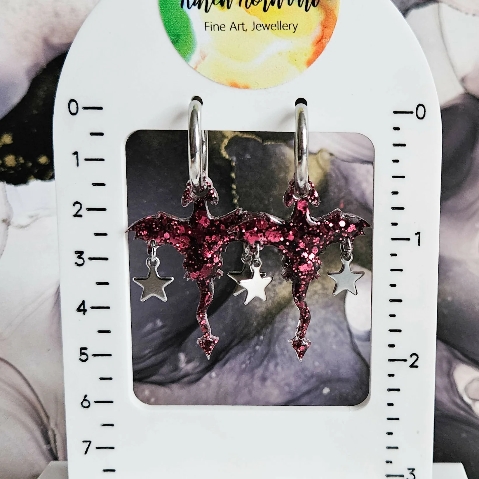 Handmade Burgundy Glitter Resin Dragons And Star Charms Chunk Hoops Earrings - Image 2