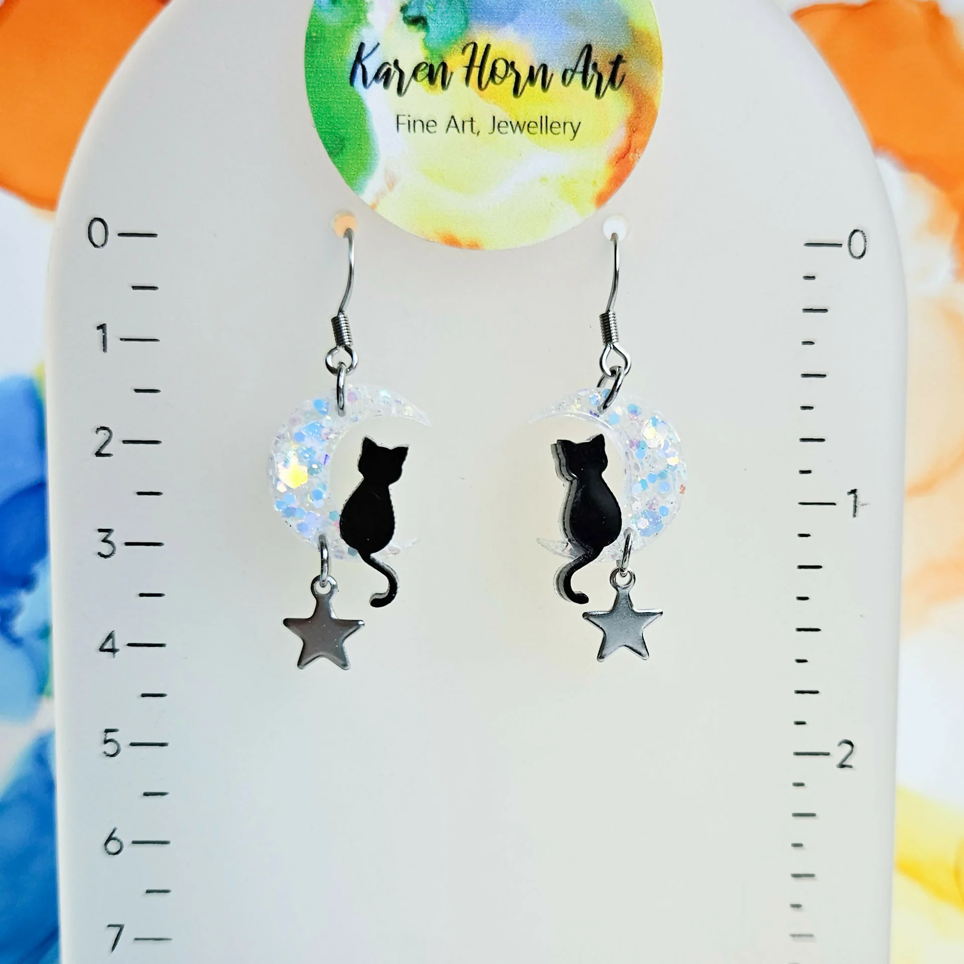 Handmade Cat On The Moon Resin Earrings - Image 2