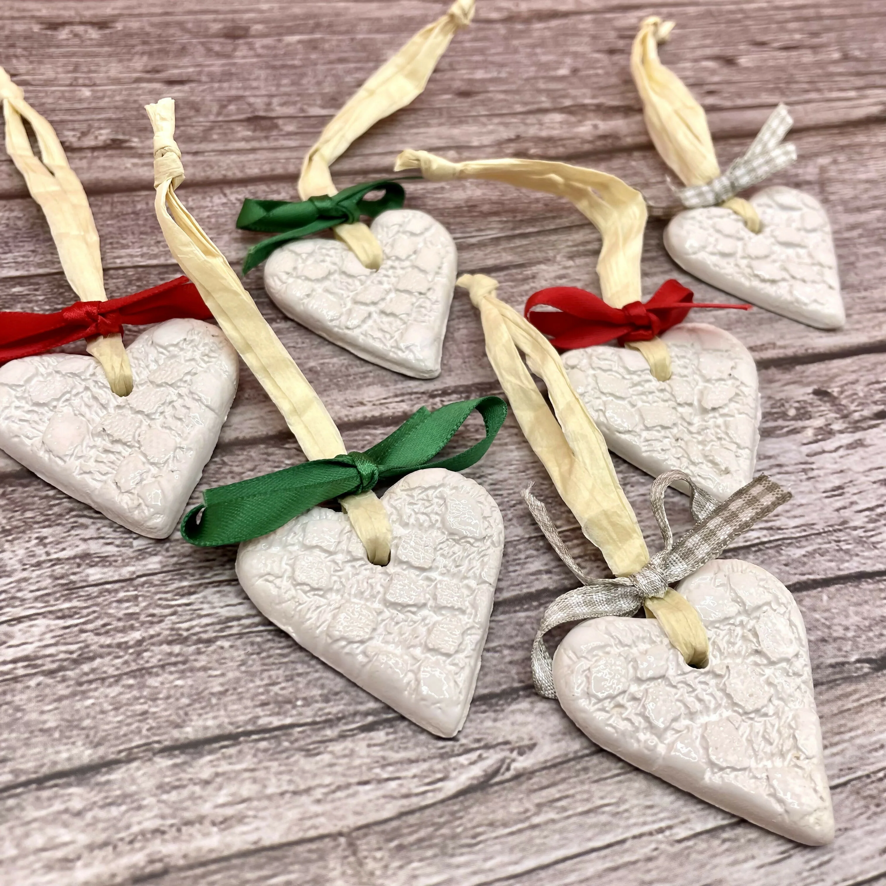 Handmade Ceramic Heart Ornaments – Lace Texture with Ribbon Bows