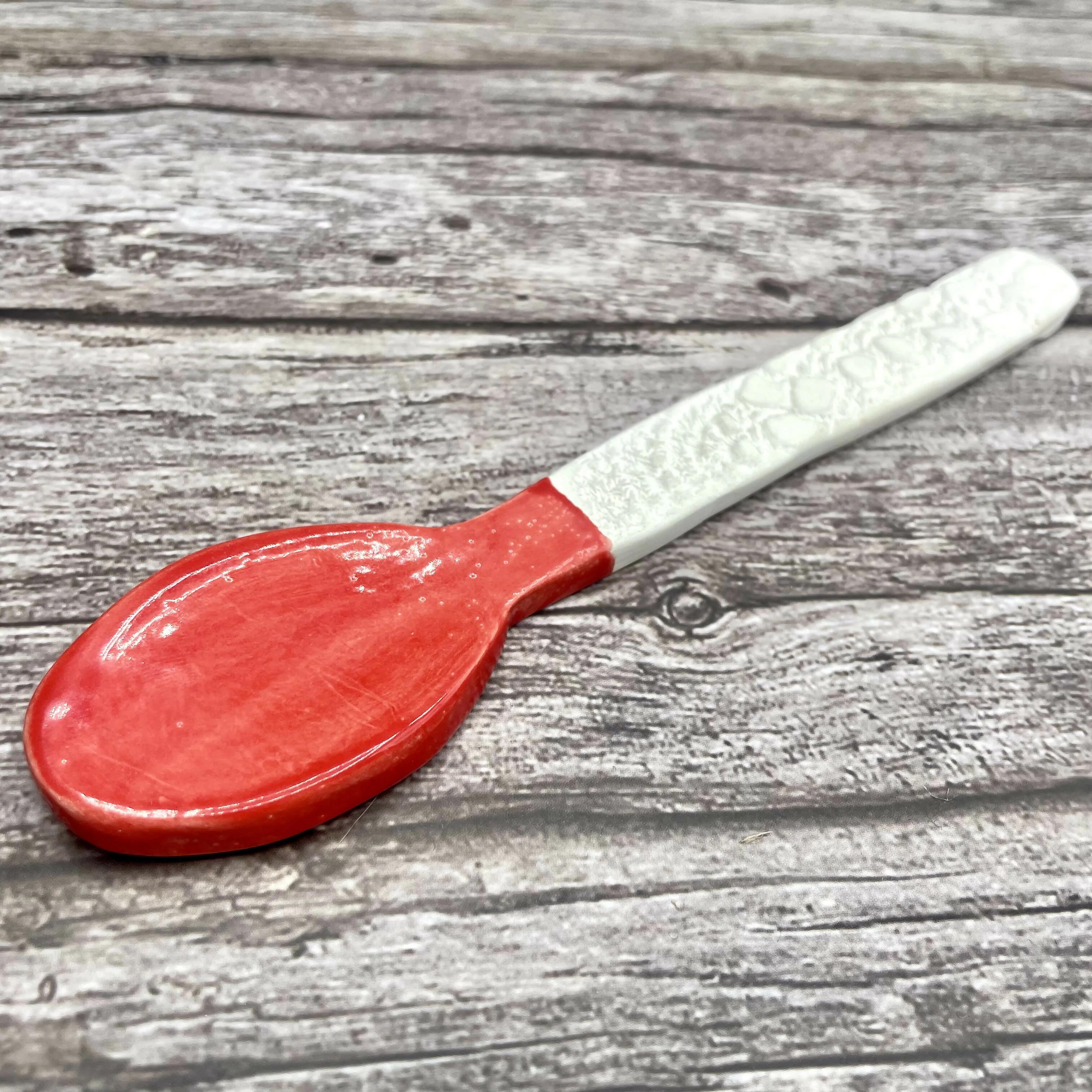 Handmade Ceramic Spoon – Red Glazed Bowl with Textured Handle