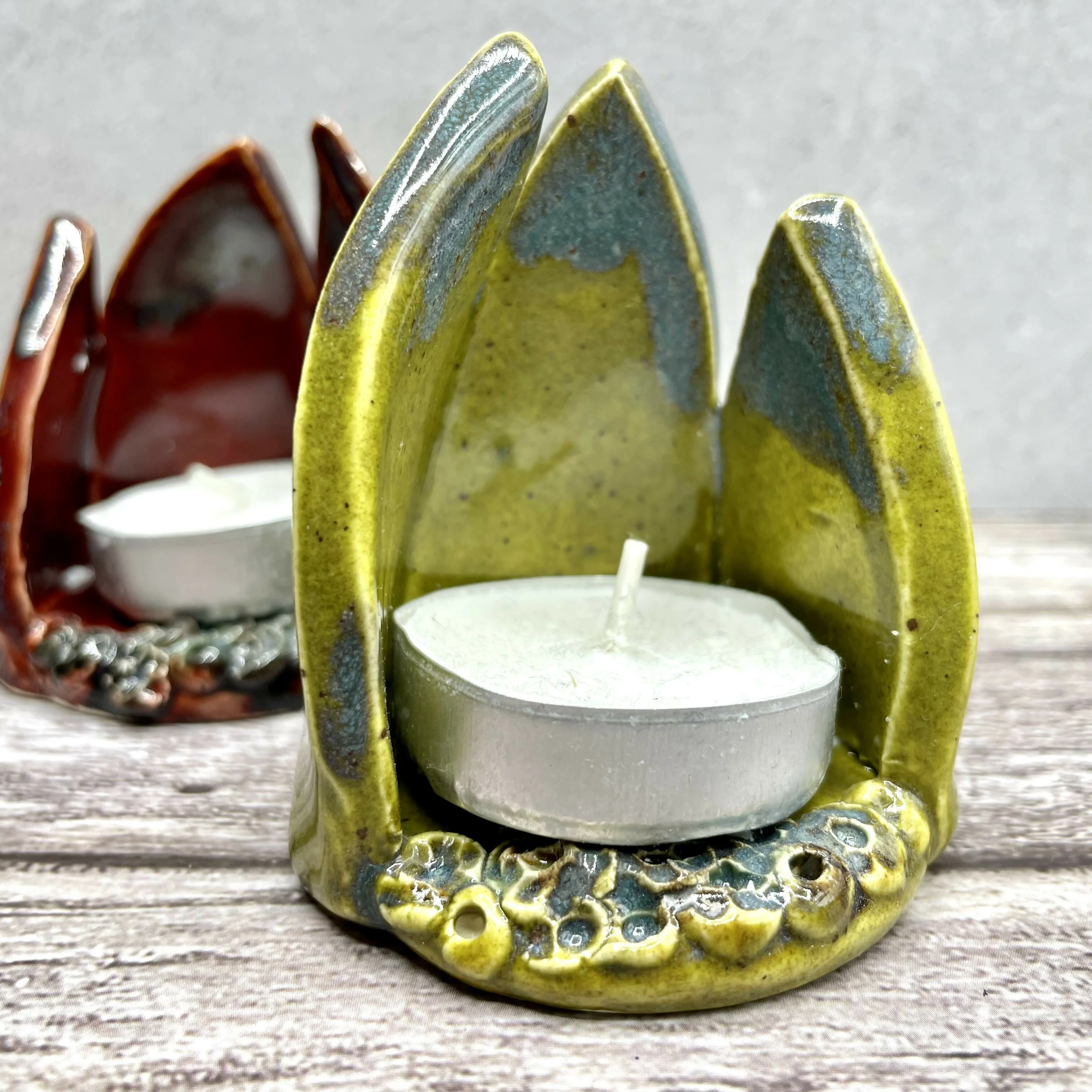 Handmade Ceramic Tealight Holder – Leaf Flame Design - Image 3