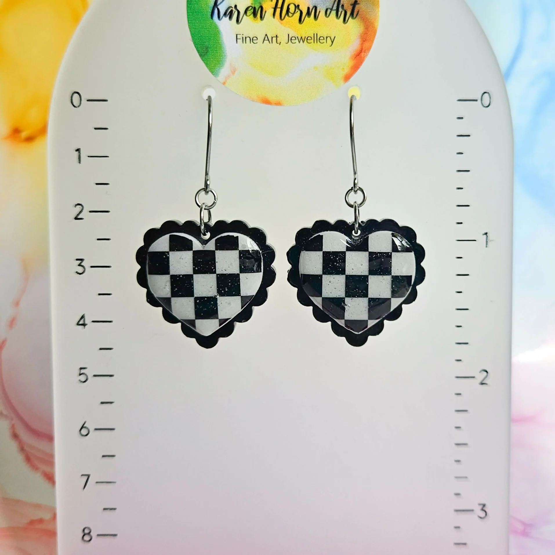 Handmade Checkered Heart Resin Earrings - Image 2