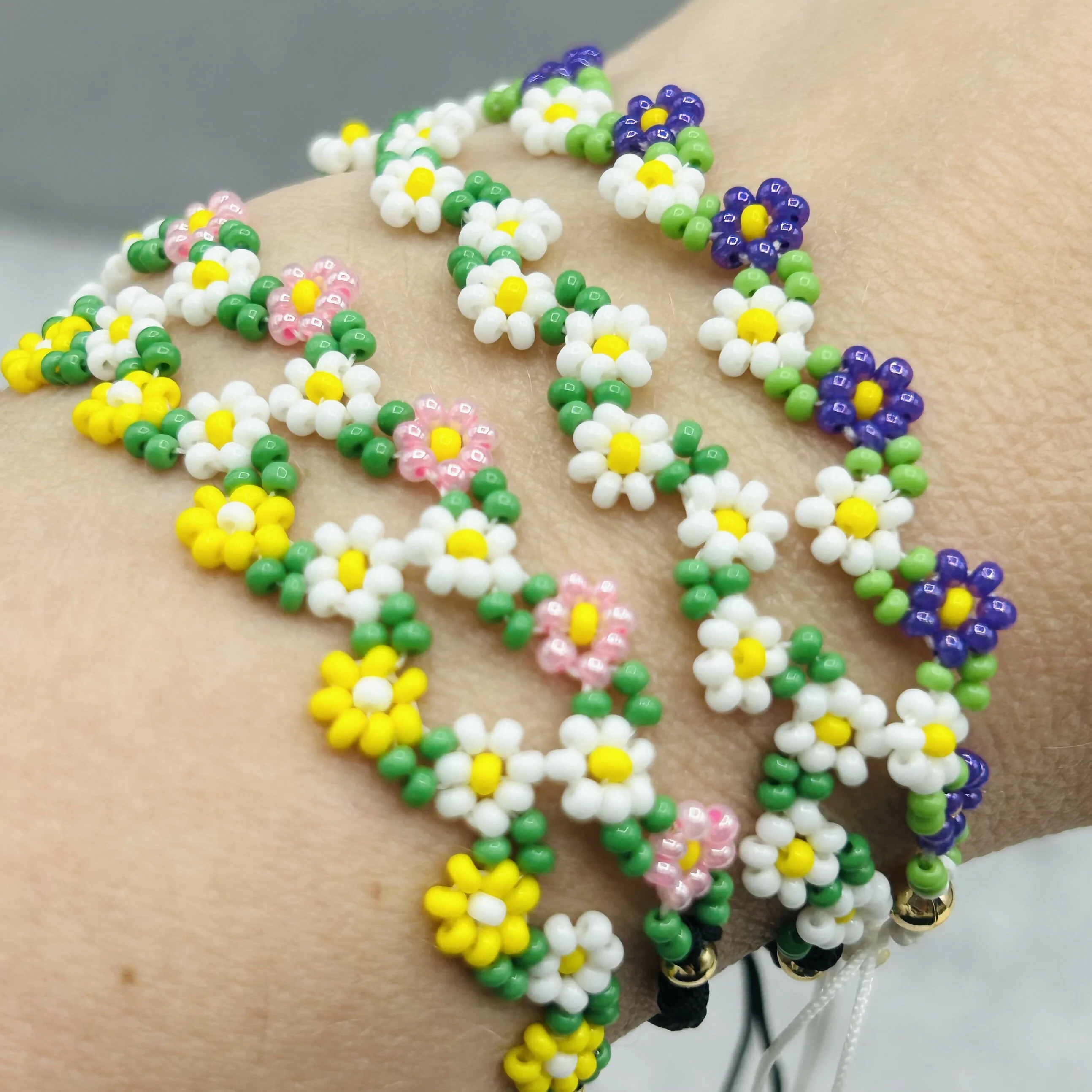 Handmade Daisy Chain Beaded Bracelets - Floral Two-Colour - Image 2