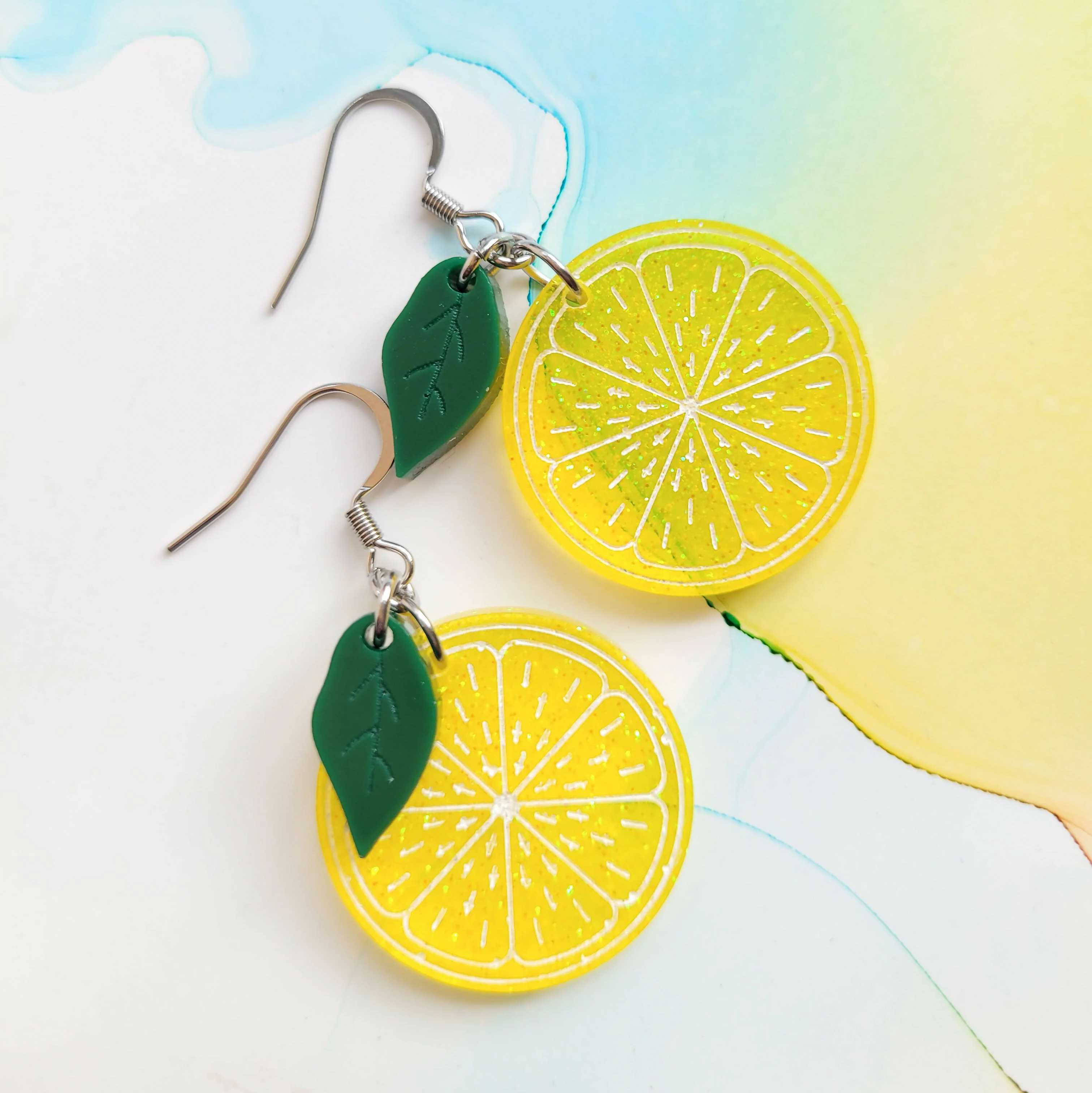 Handmade Dangle Drop Transparent Yellow And Glitter Lemon Fruit Slice Resin Earrings