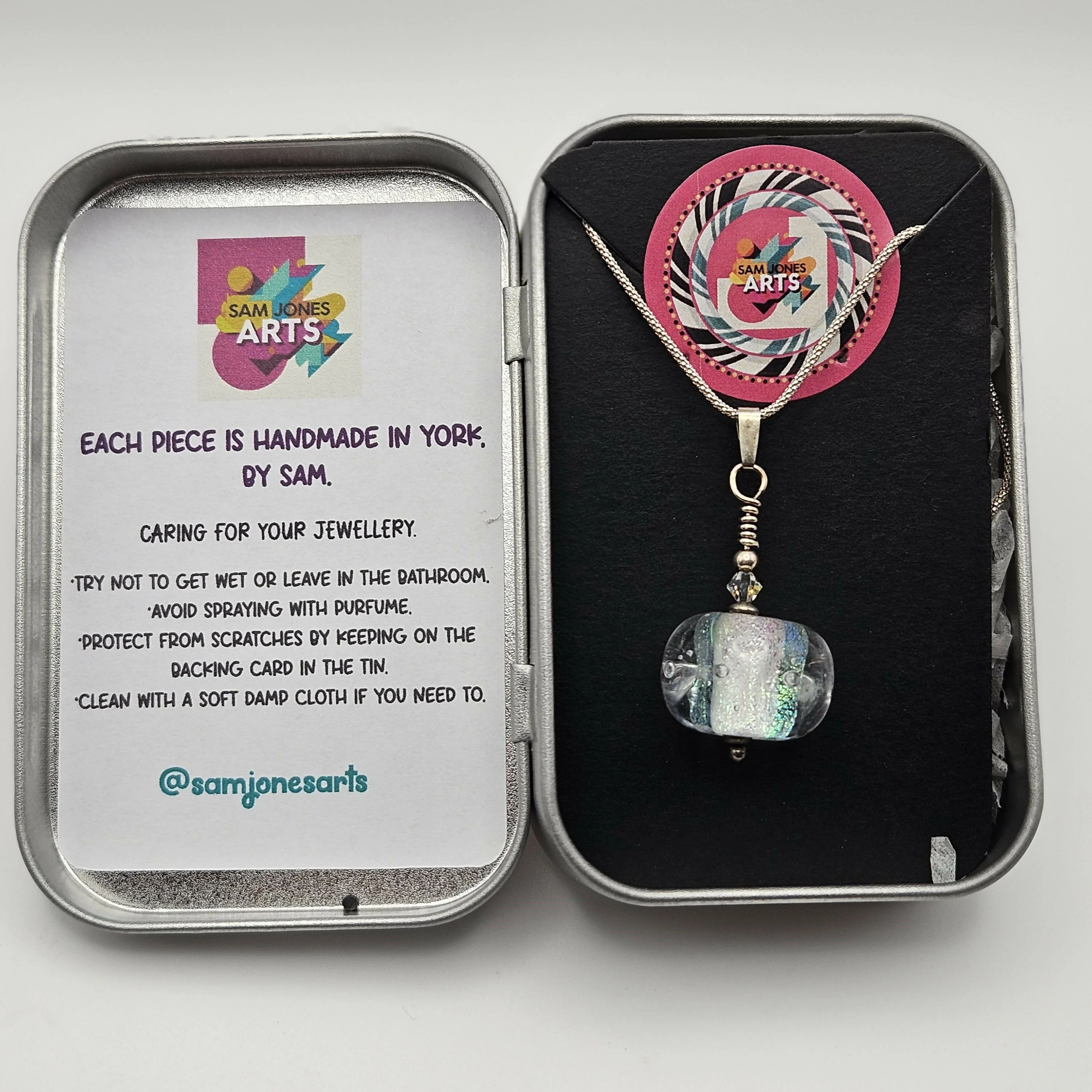 HANDMADE GLASS LAMPWORKED ICY DICHRIOC PENDANT,ON A STERLING SILVER CHAIN WITH SWAROVSKI CRYSTALS. - Image 2