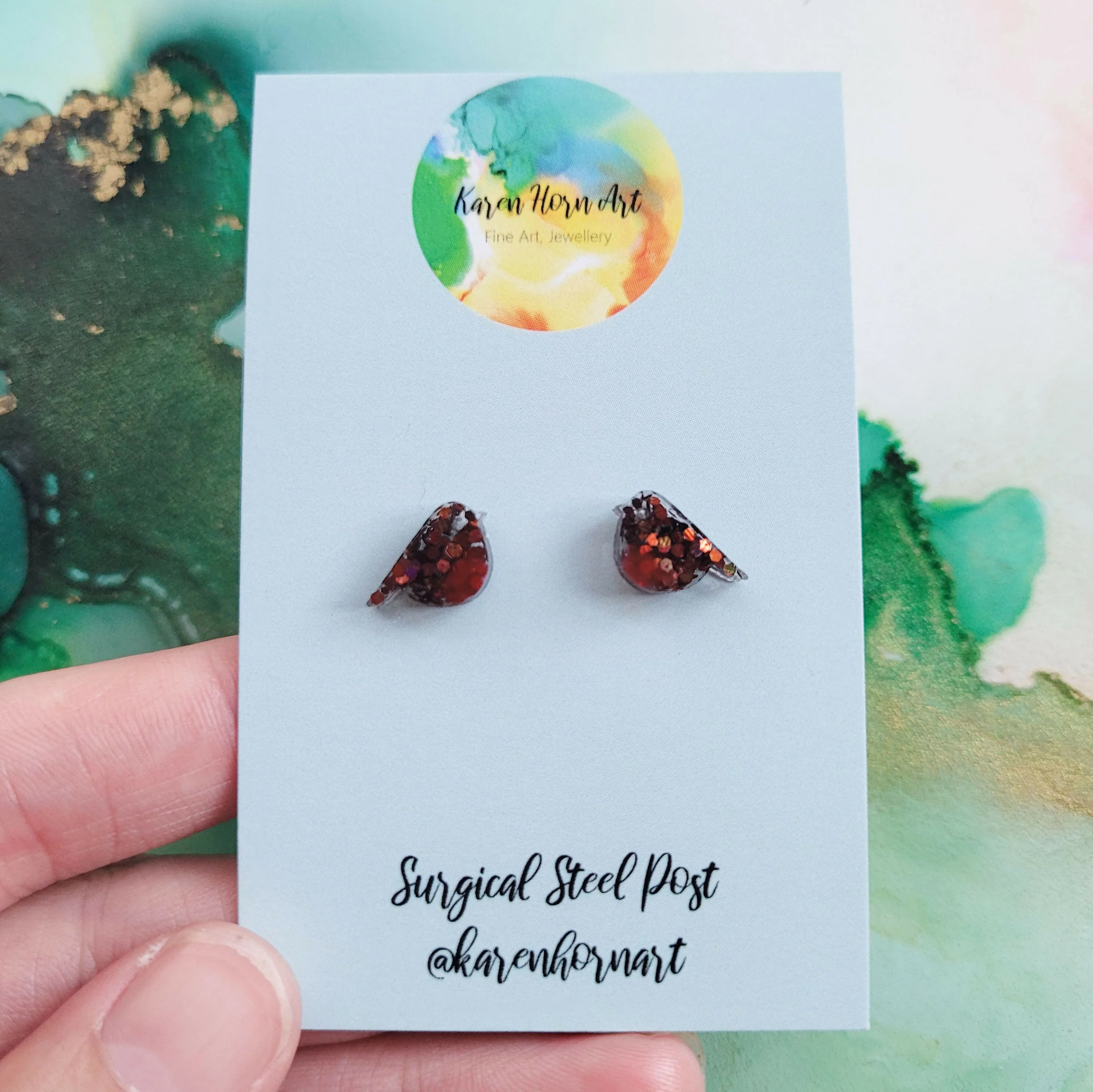 Handmade Glitter Robin Stud Earrings - Image 3