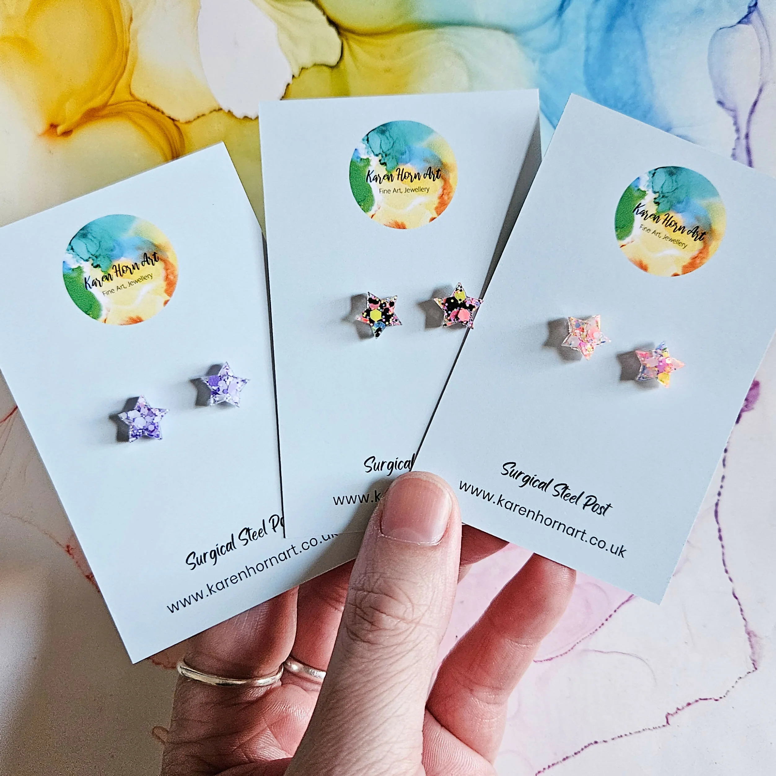 Handmade Glitter Stars Resin Studs Purple Pink Or White Neon