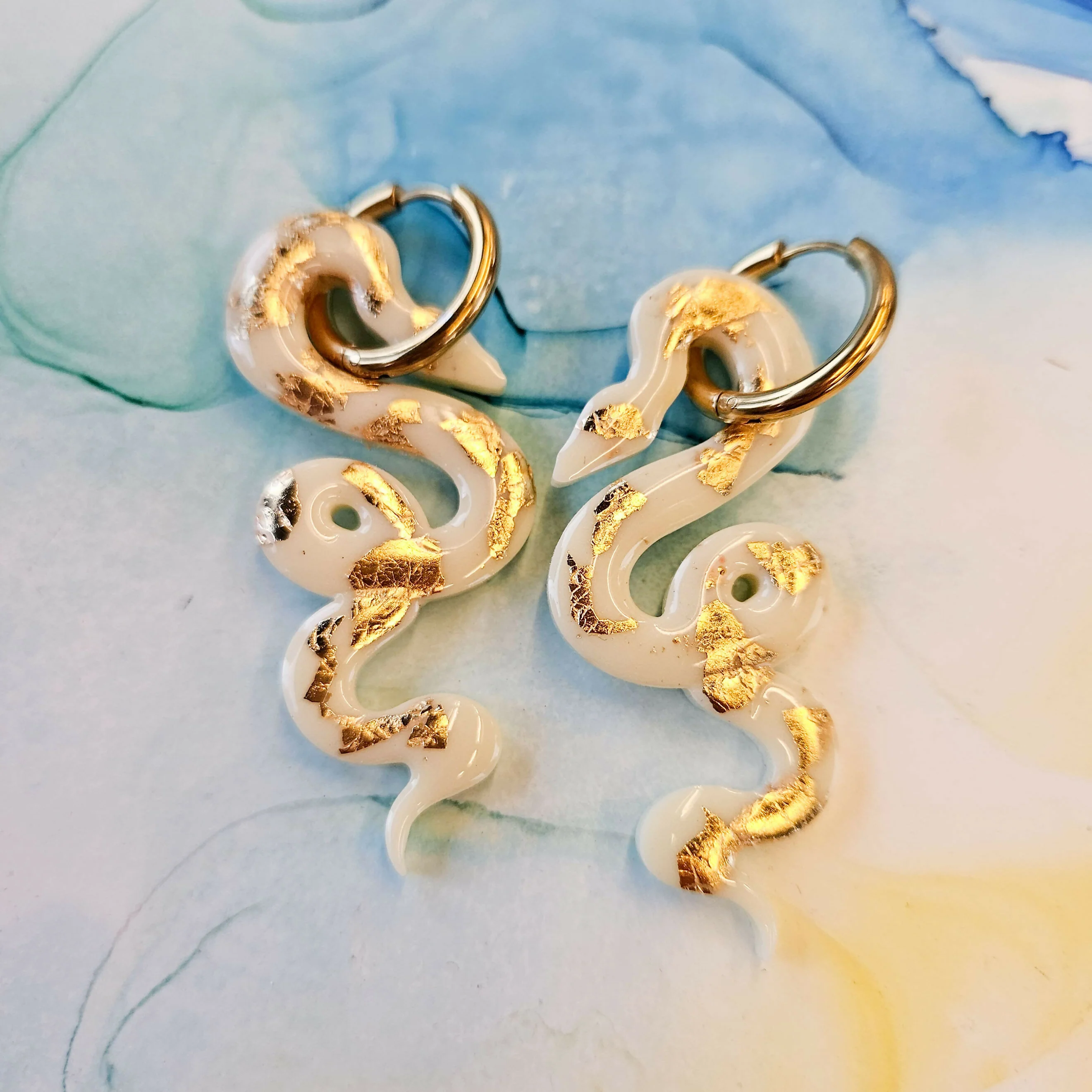 Handmade Ivory And Gold Snake Resin Charms On Chunky Hoops