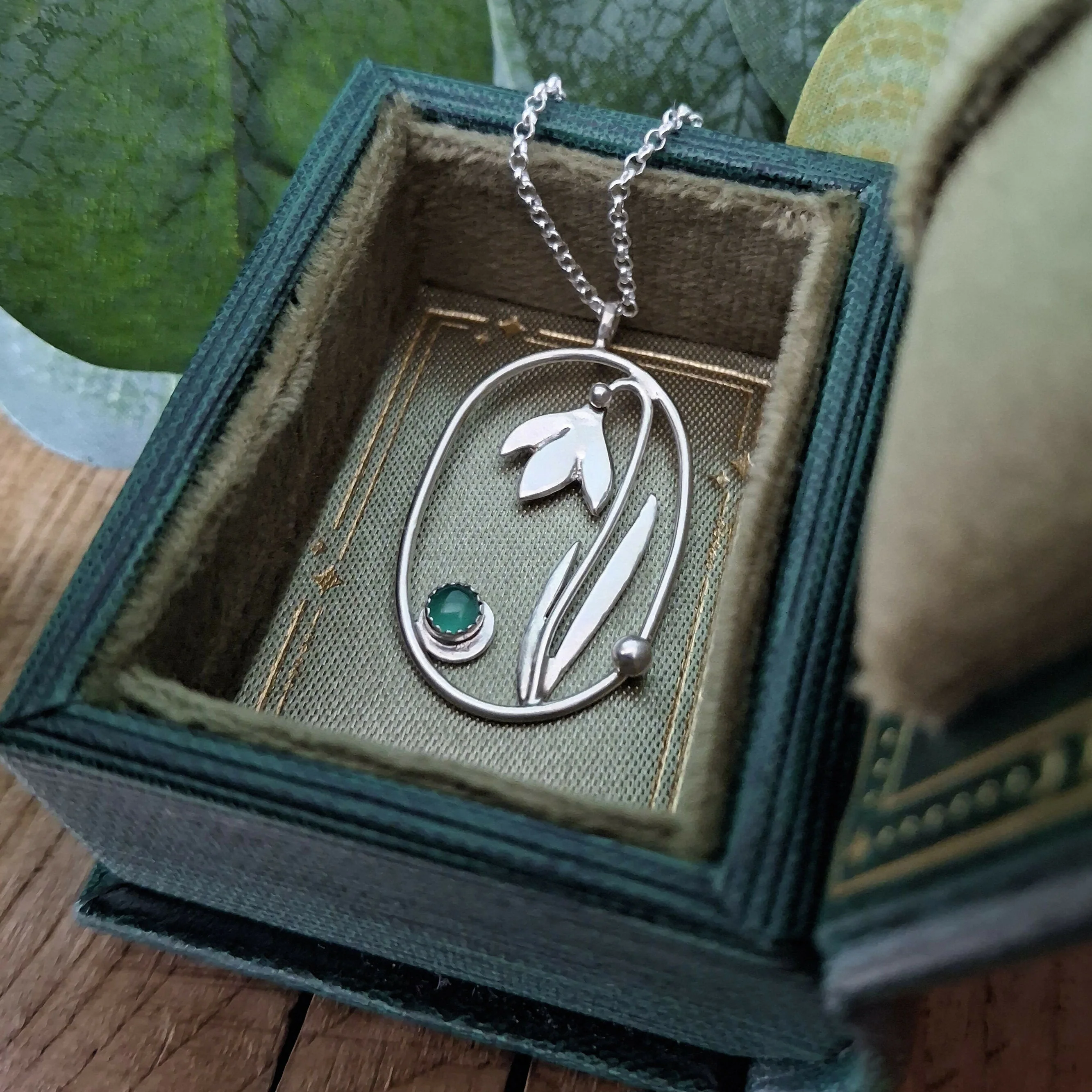 Handmade Large Silver Snowdrop Necklace With Green Onyx