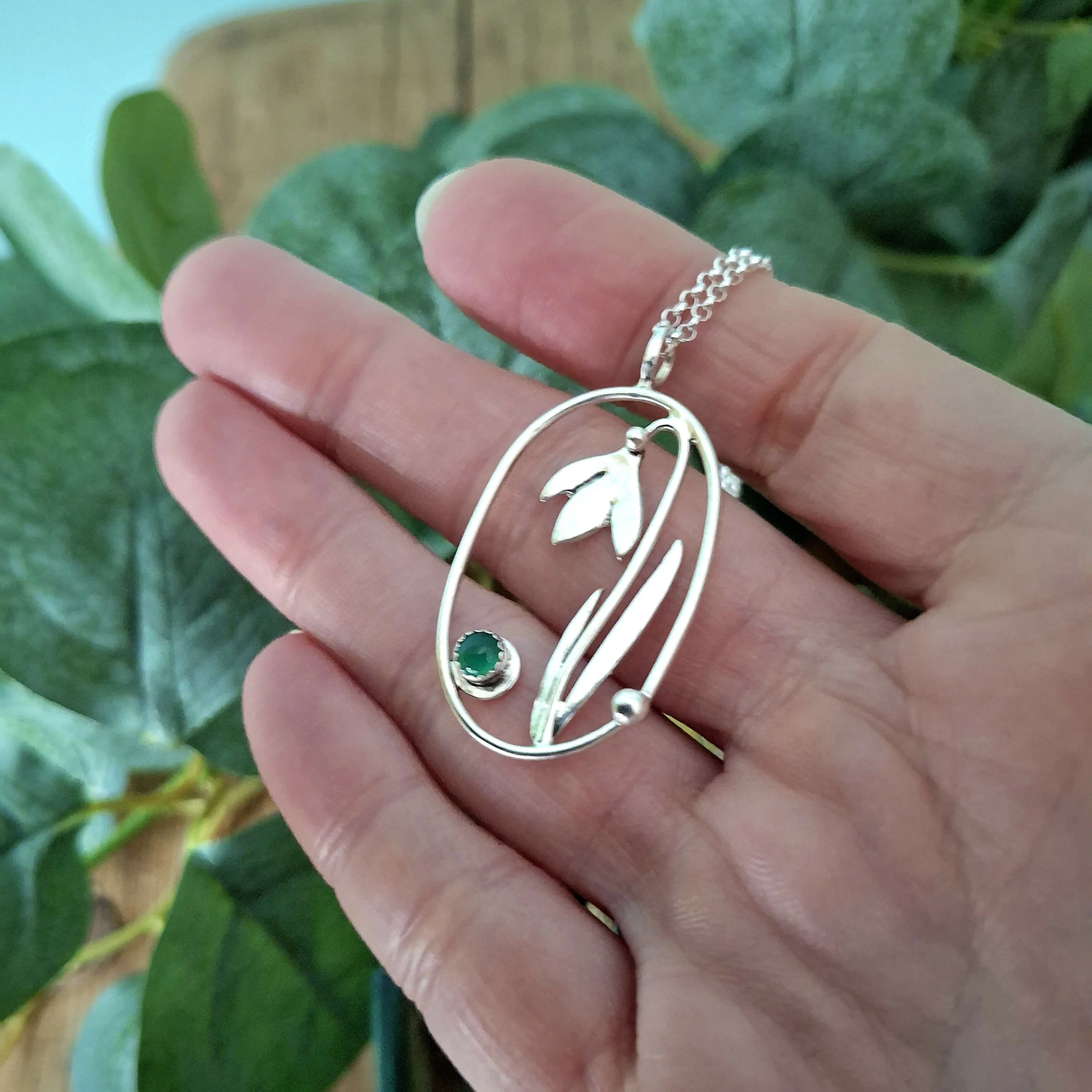 Handmade Large Silver Snowdrop Necklace With Green Onyx - Image 4