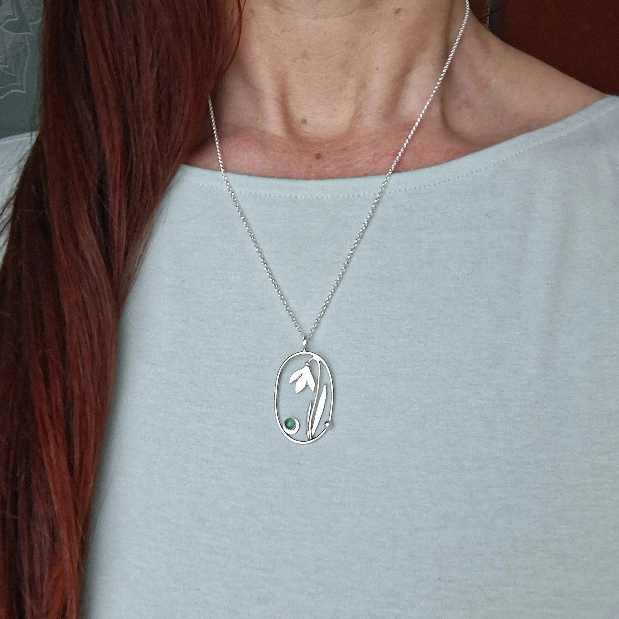 Handmade Large Silver Snowdrop Necklace With Green Onyx - Image 6