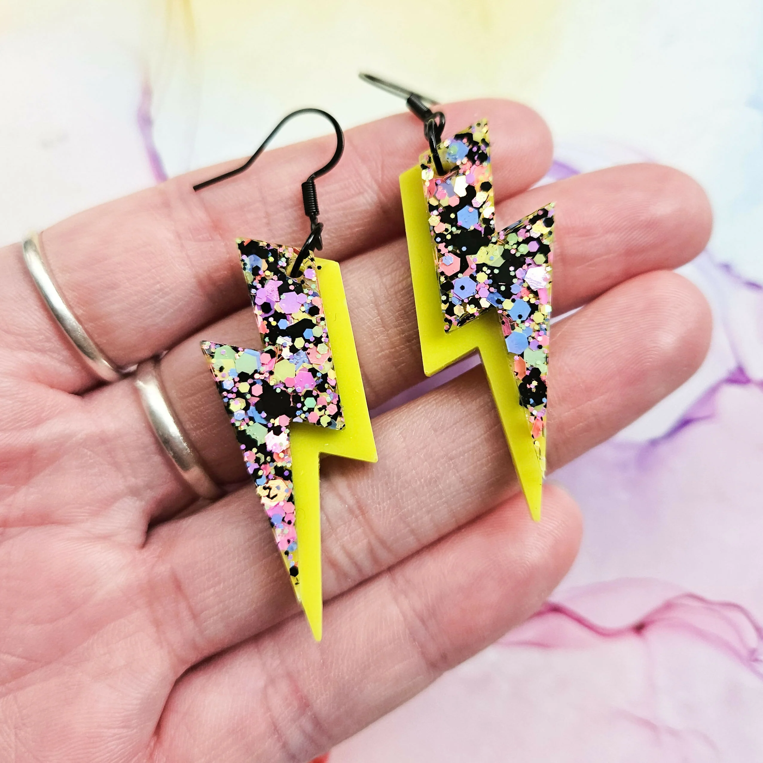 Handmade Lime And Glitter Bolt Resin Earrings - Image 2