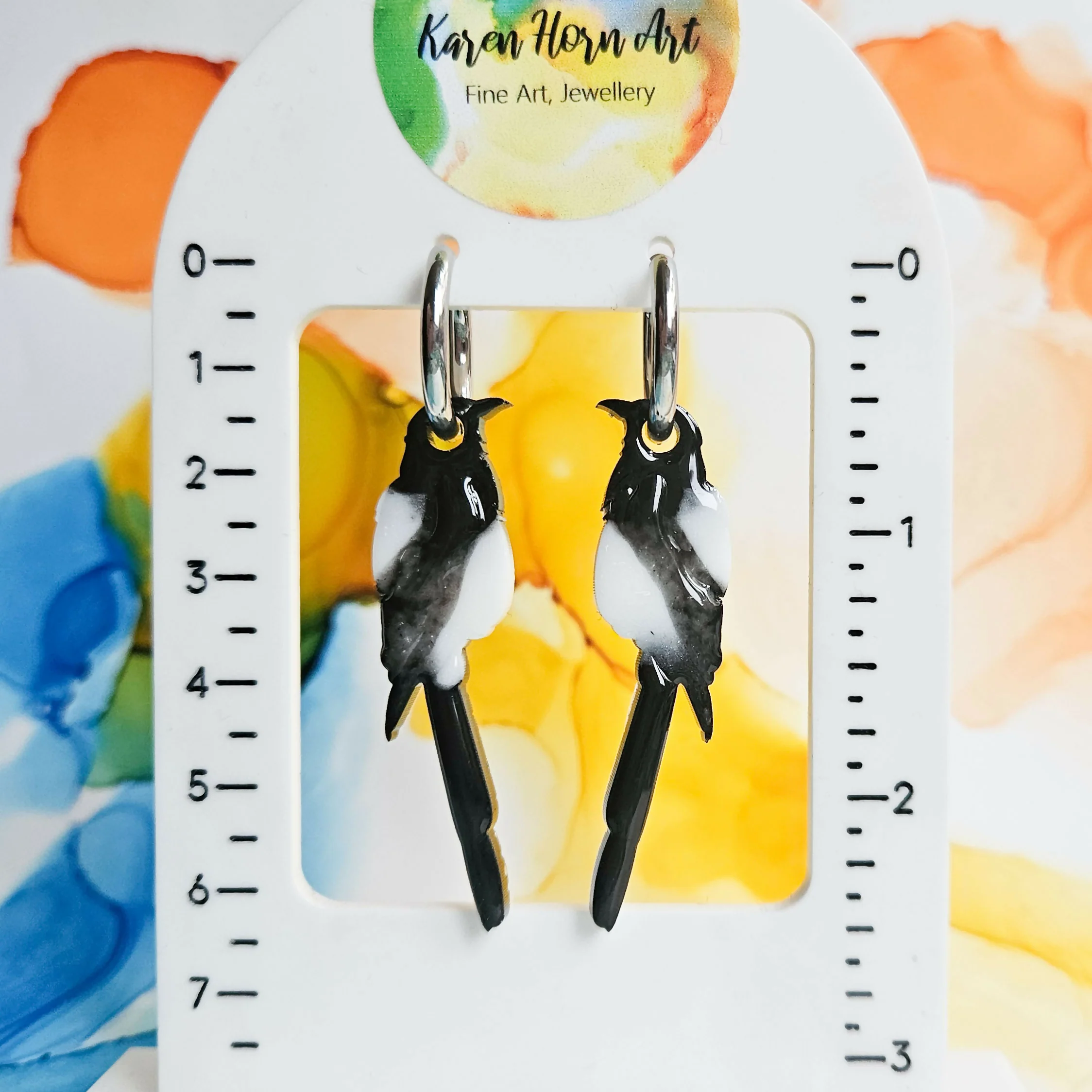 Handmade Magpie Birds Resin Charms On Chunky Hoops - Image 2