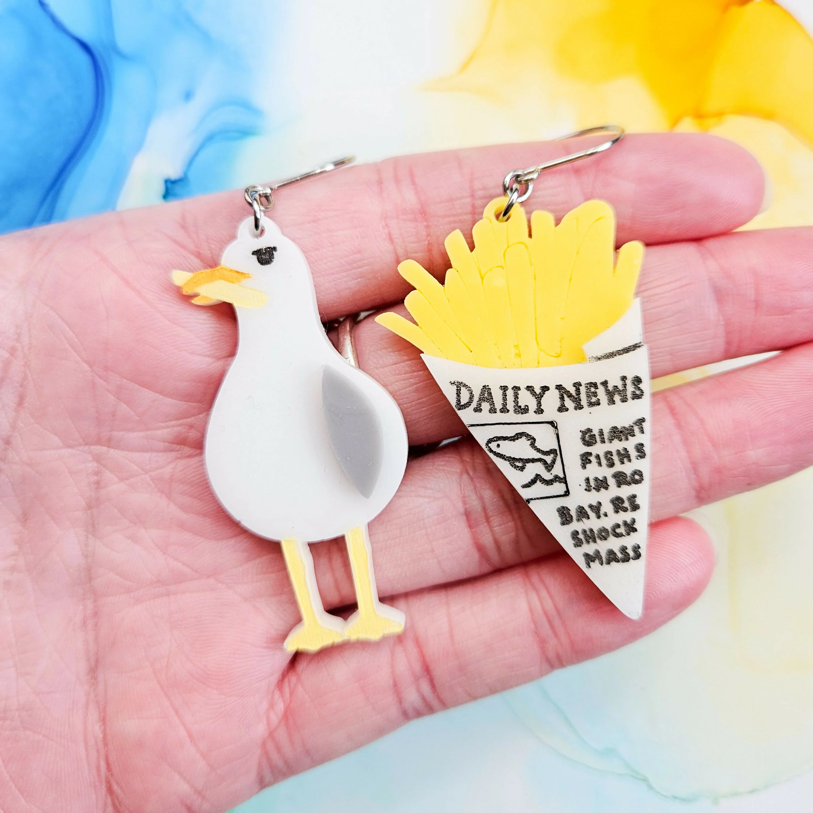 Handmade Mismatched Seagull And Chips Resin Earrings - Image 3
