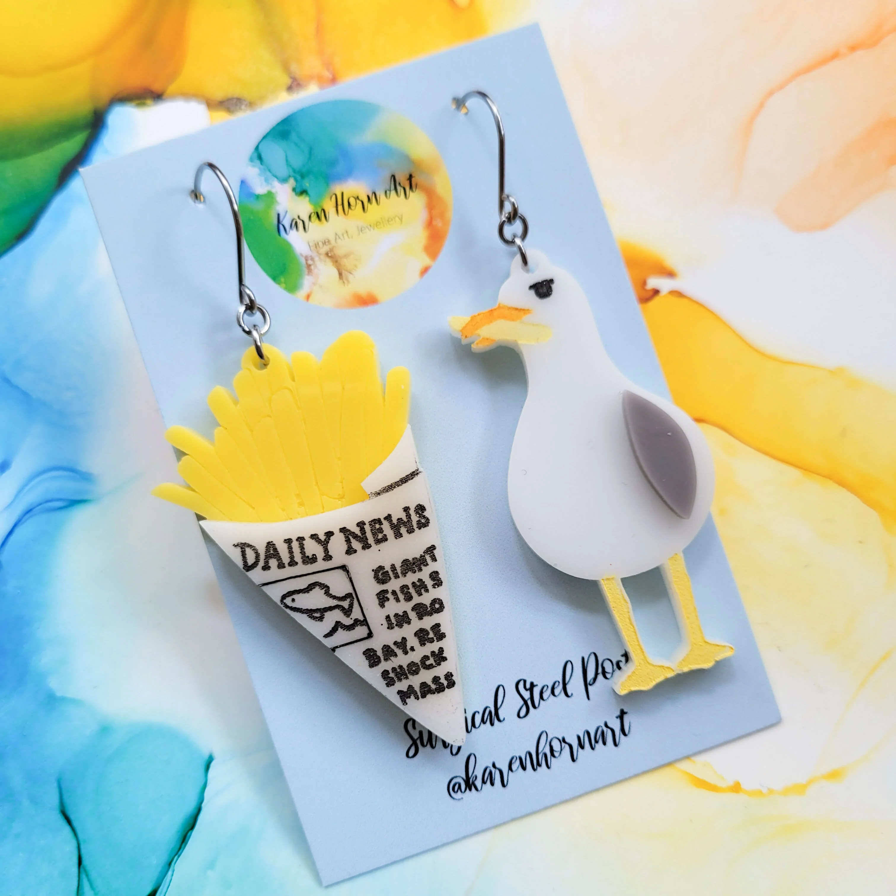 Handmade Mismatched Seagull And Chips Resin Earrings - Image 5