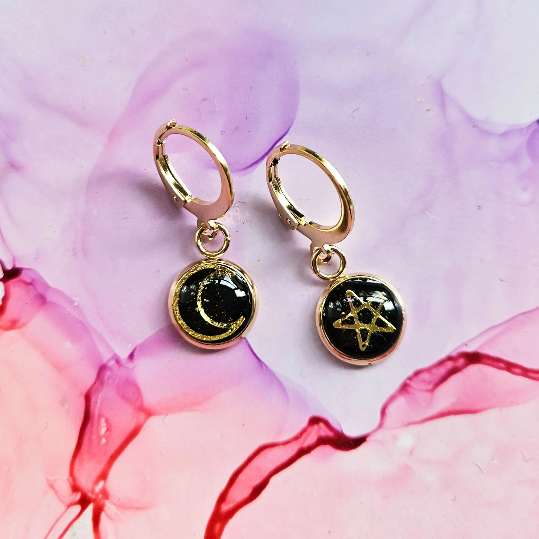 Handmade Moon And Star Resin Charm On Stainlees Steel Huggie Hoops, Gold Or Silver - Image 2