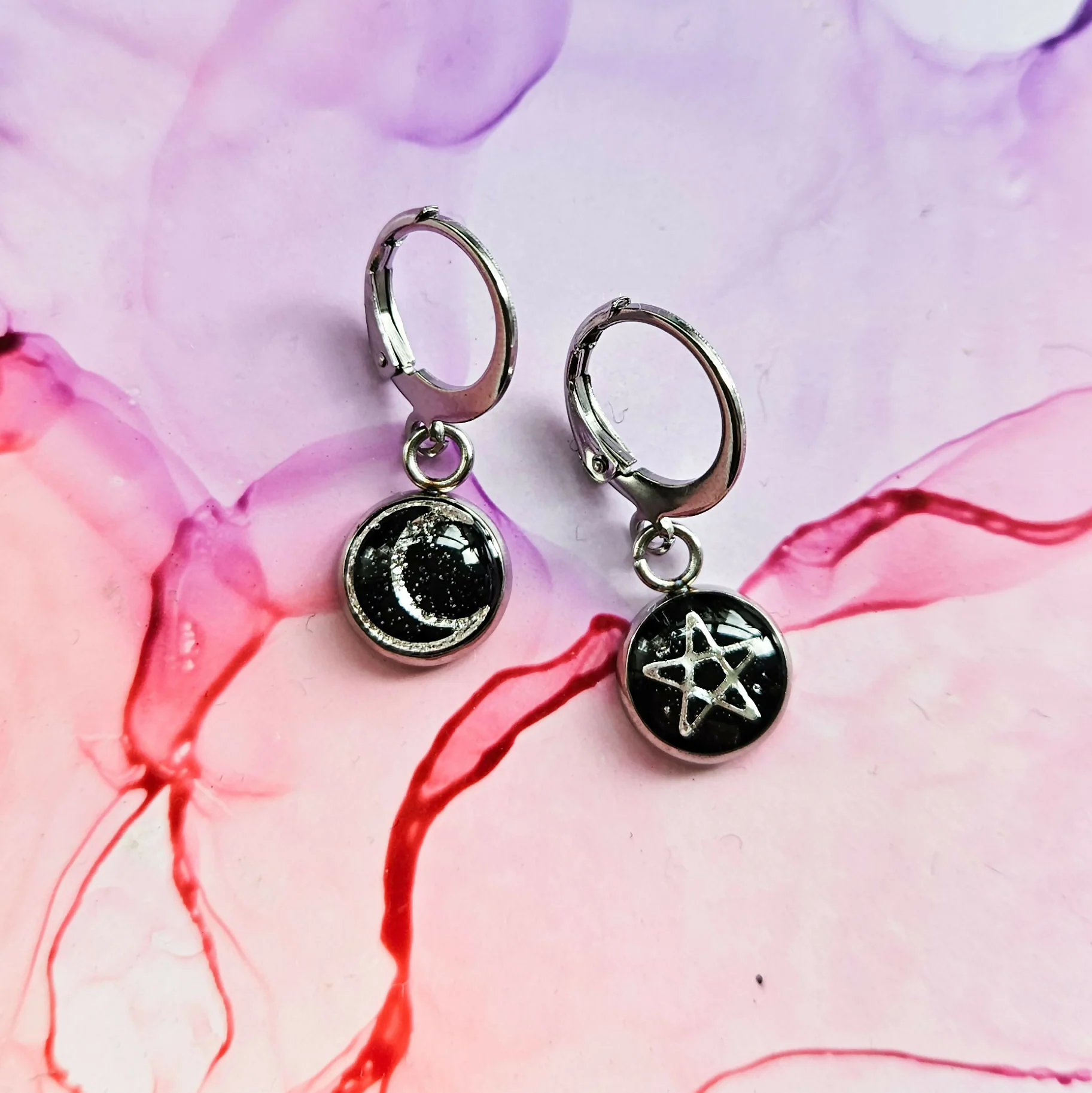 Handmade Moon And Star Resin Charm On Stainlees Steel Huggie Hoops, Gold Or Silver - Image 3