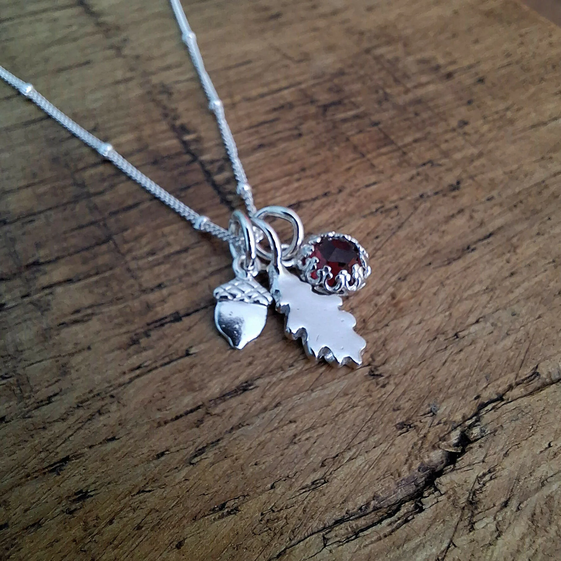 Handmade Oak Leaf & Acorn Necklace With Garnet - Image 2