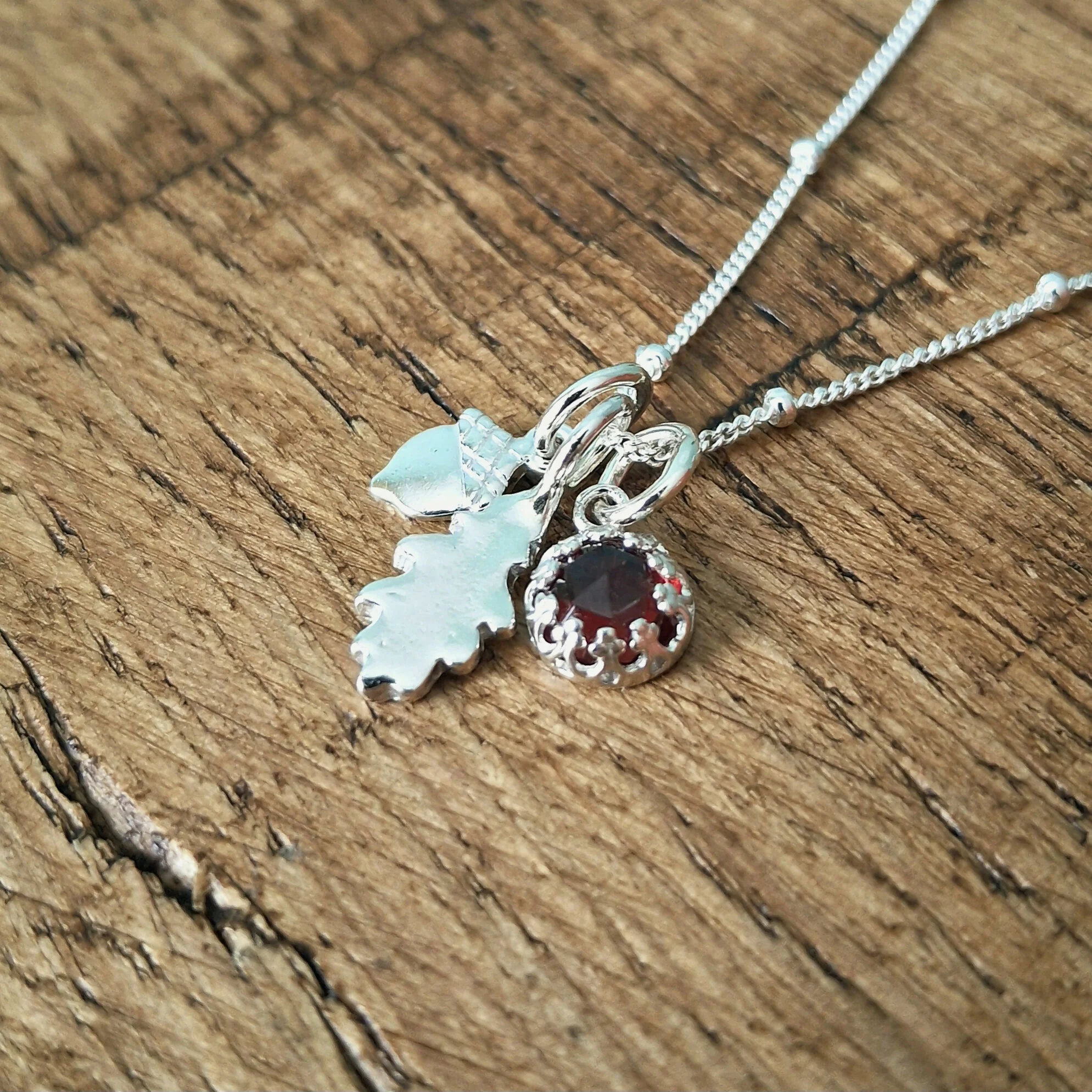Handmade Oak Leaf & Acorn Necklace With Garnet - Image 3