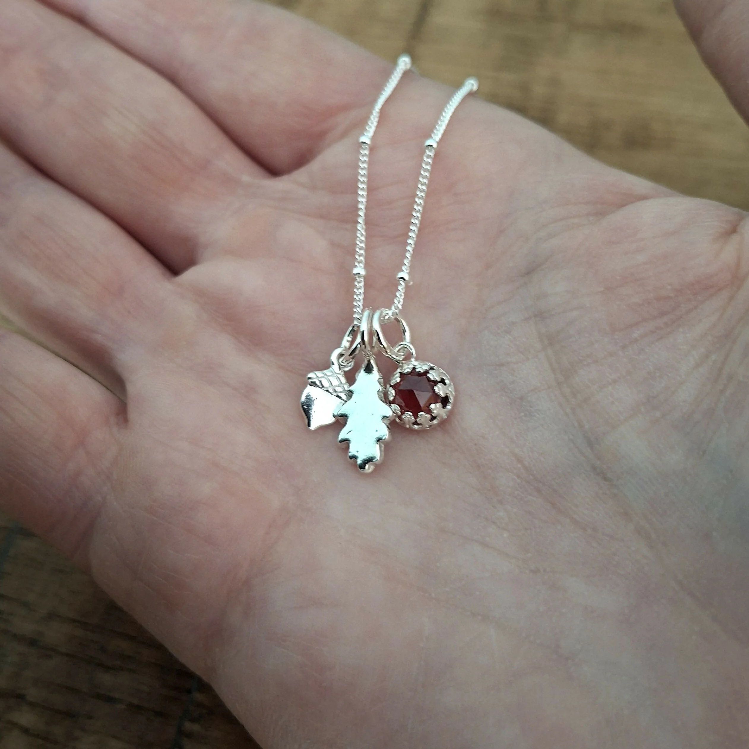 Handmade Oak Leaf & Acorn Necklace With Garnet - Image 4