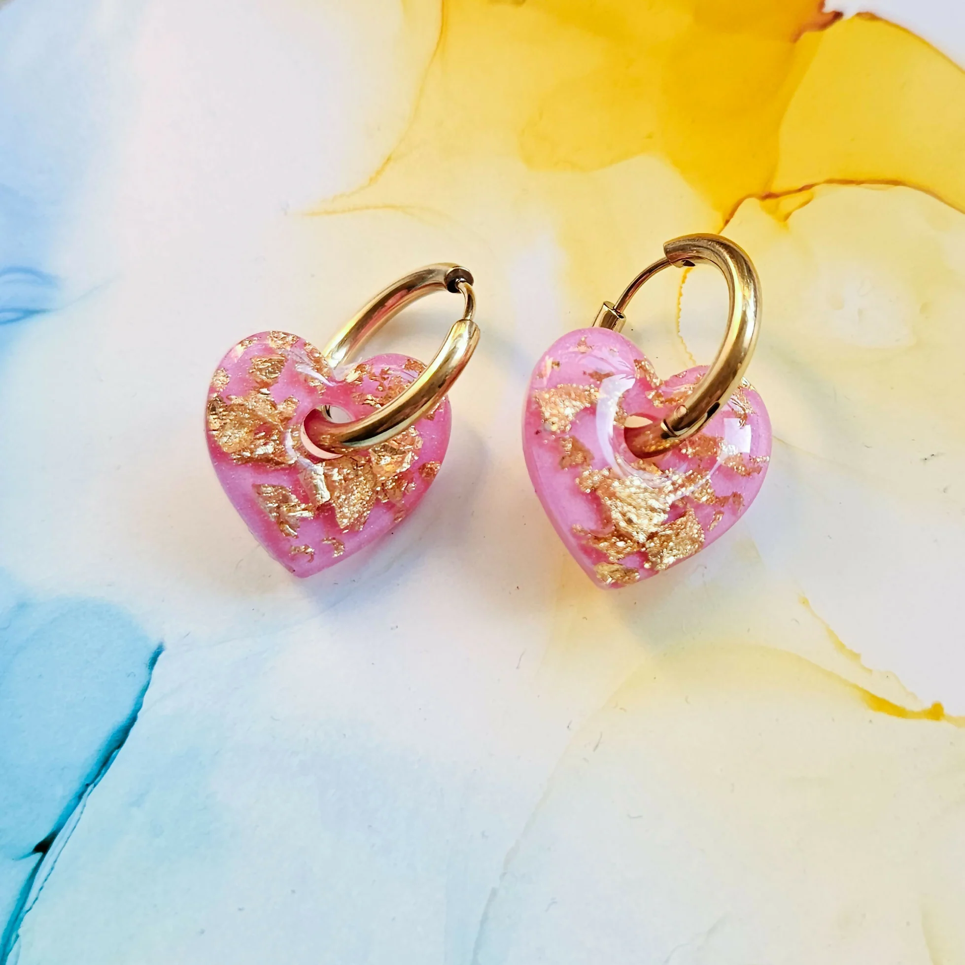 Handmade Pink And Encased Gold Leaf Resin Heart Charms On Chunky Hoops