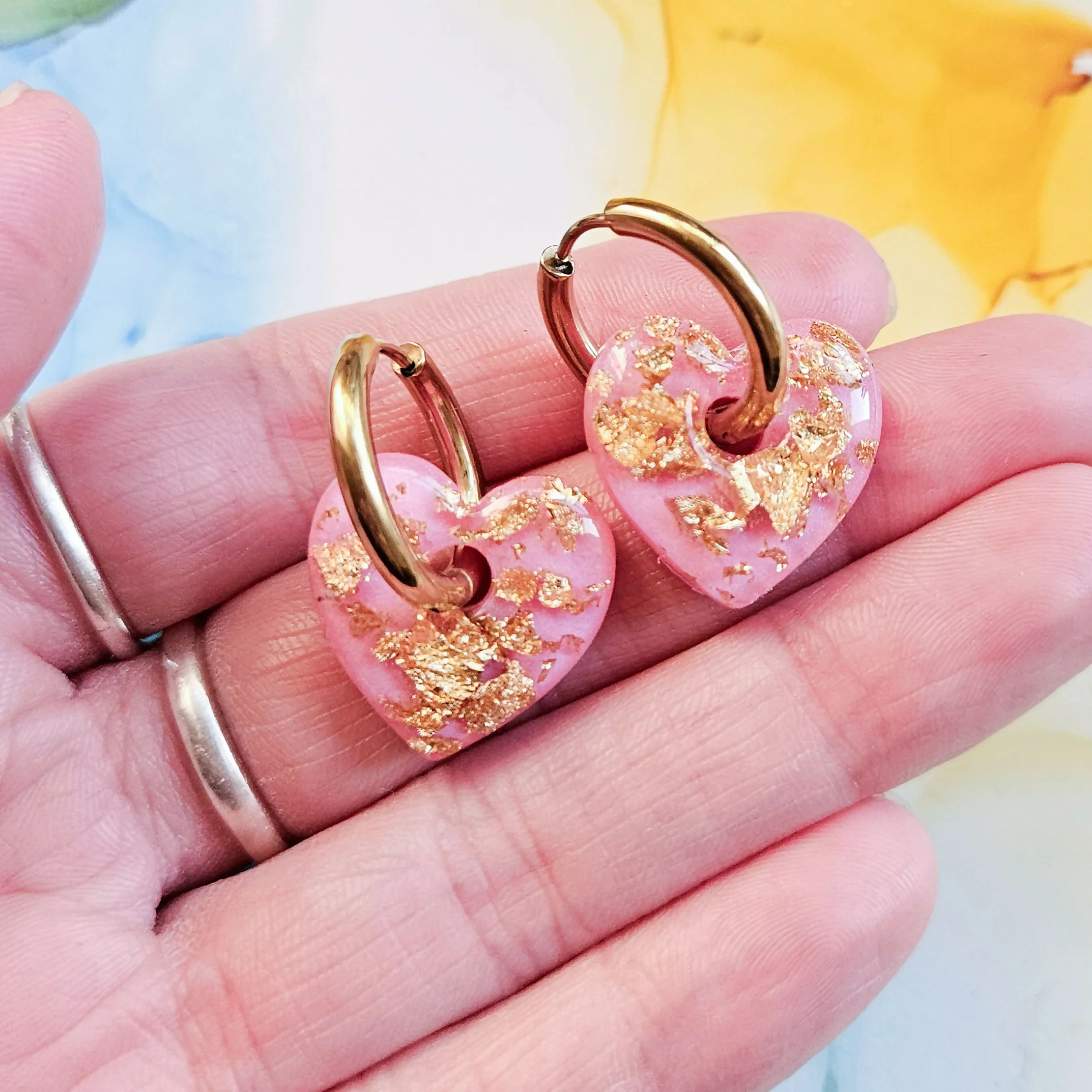 Handmade Pink And Encased Gold Leaf Resin Heart Charms On Chunky Hoops - Image 2